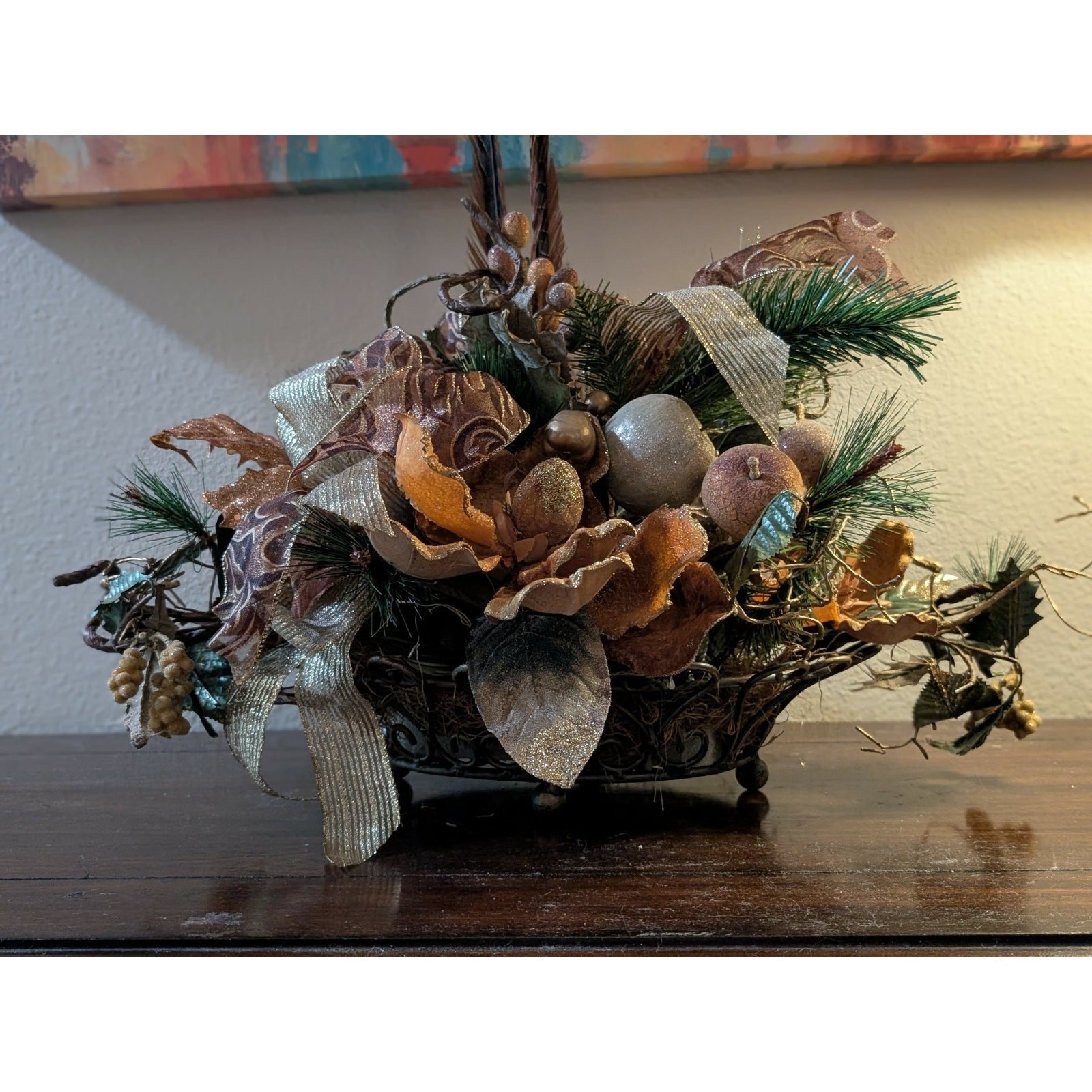 Rust Tan Gold Floral Autumn Fall Thanksgiving Centerpiece Pheasant Feathers