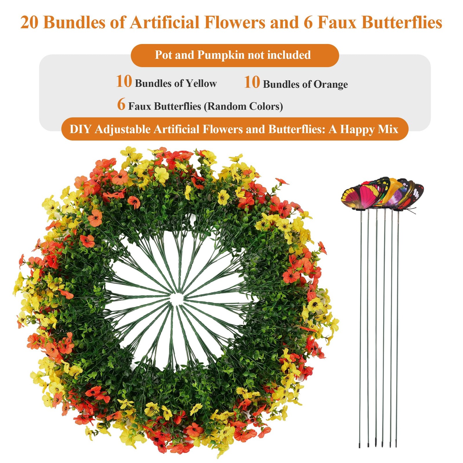 20 Bundles Artificial Flowers for Outdoors‌ and 6 Faux Butterflies