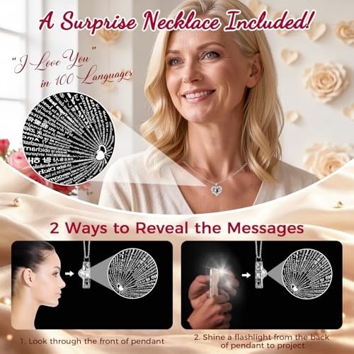 Real Red Rose Gift Box with Heart Necklace – ‘I Love You’ in 100 Languages, Perf