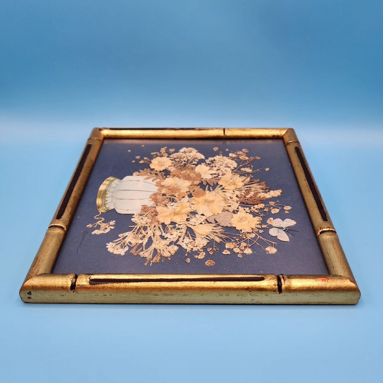 Garden Flowers of Summertime Pressed Flower Botanical Art Faux Bamboo Frame v2