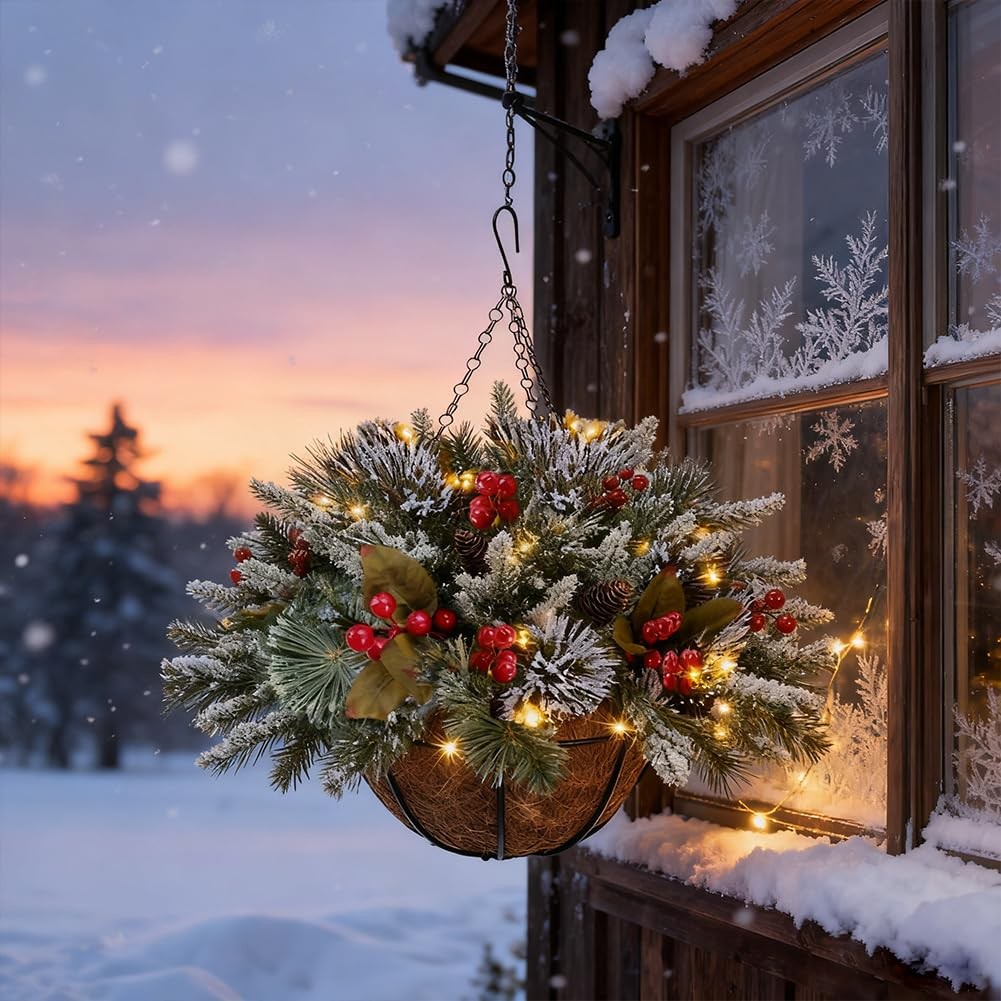 2PCS Artificial Hanging Basket Decorated with Pine Cones,Red Berry,Light up C…