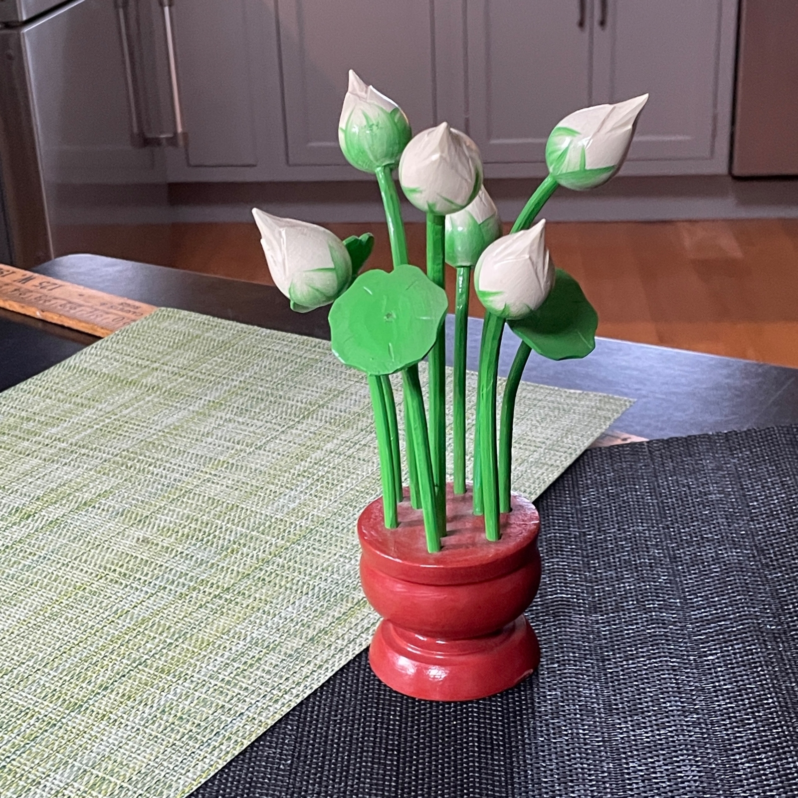 9″ Carved Painted Wood White Lotus Buds 6 Flower Arrangement Table Display