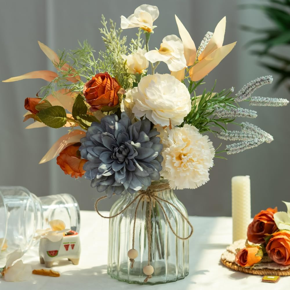 Blue Dahlia Silk Flower Arrangement in Glass Vase for Home Decor