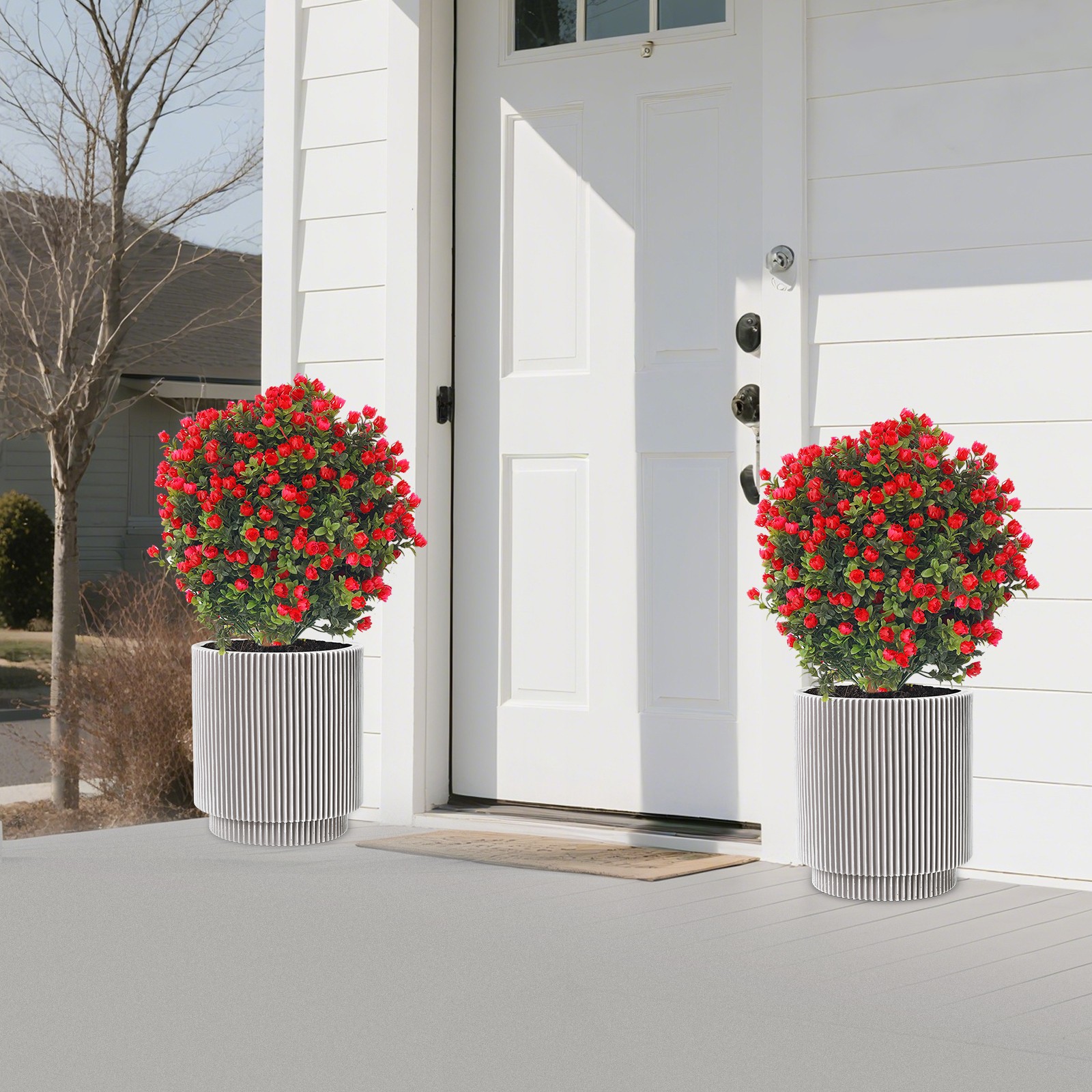 2* Artificial Boxwood Topiary Ball Trees Set with Red Flowers for Indoor/Outdoor
