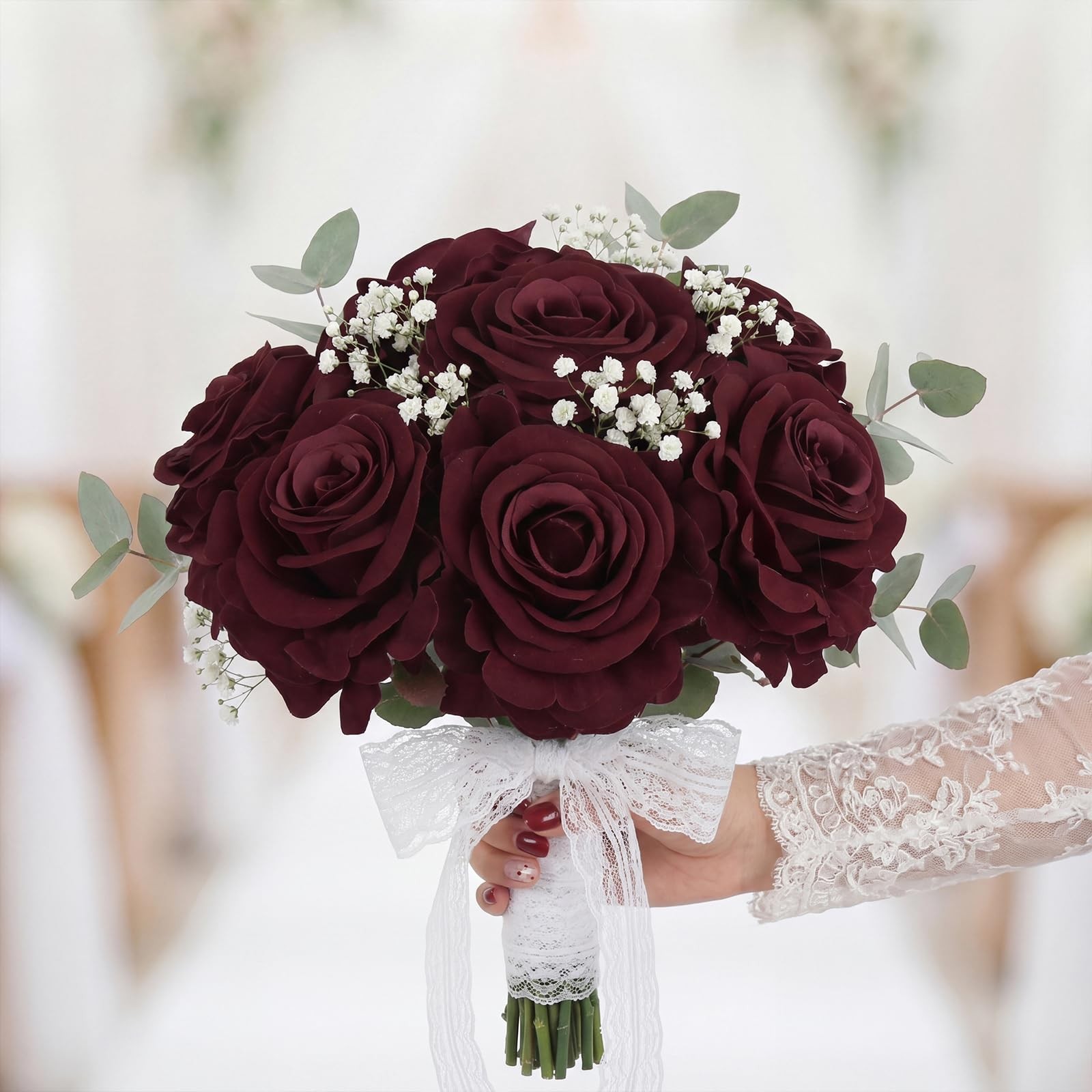 10 PCS Burgundy 4.3″ Large Artificial Fake Velvet Silk Rose Flowers Heads Decor