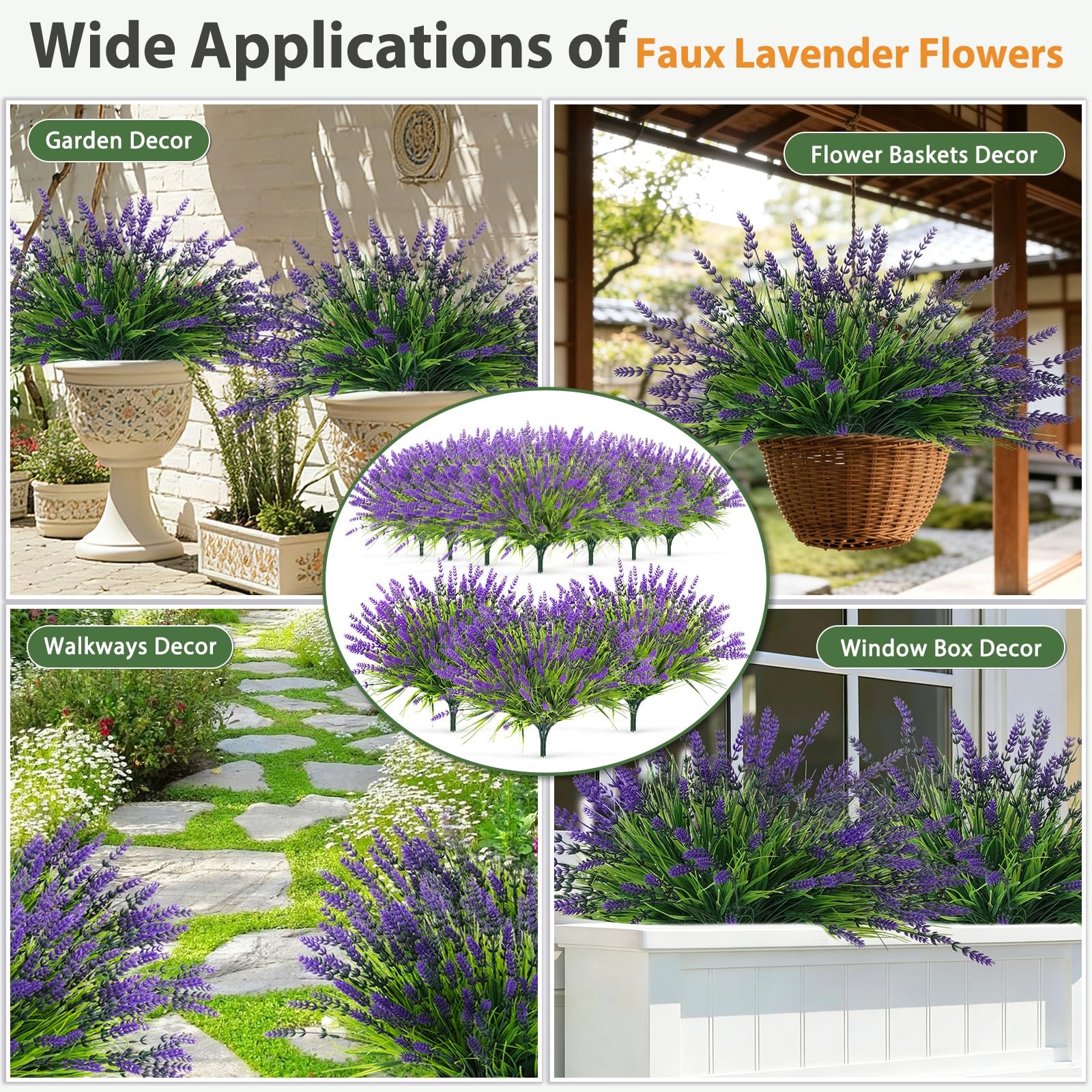 Faux Lavender Plants 14.5″ Height, 32 Bundles UV Resistant – Outdoor Garden