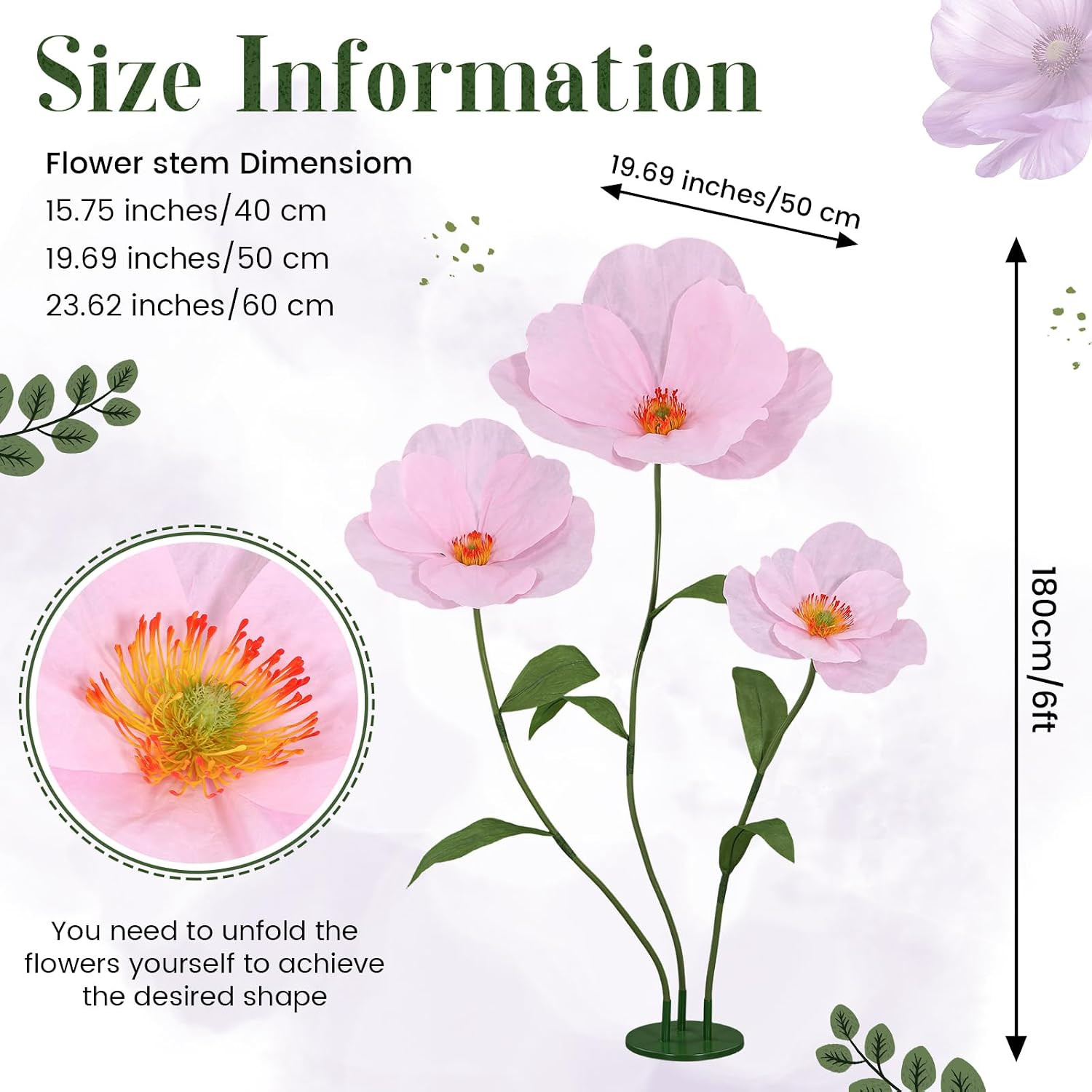 6Ft Pink Giant Flowers for Decoration with Stand, Large Artificial Poppy, Big Pa