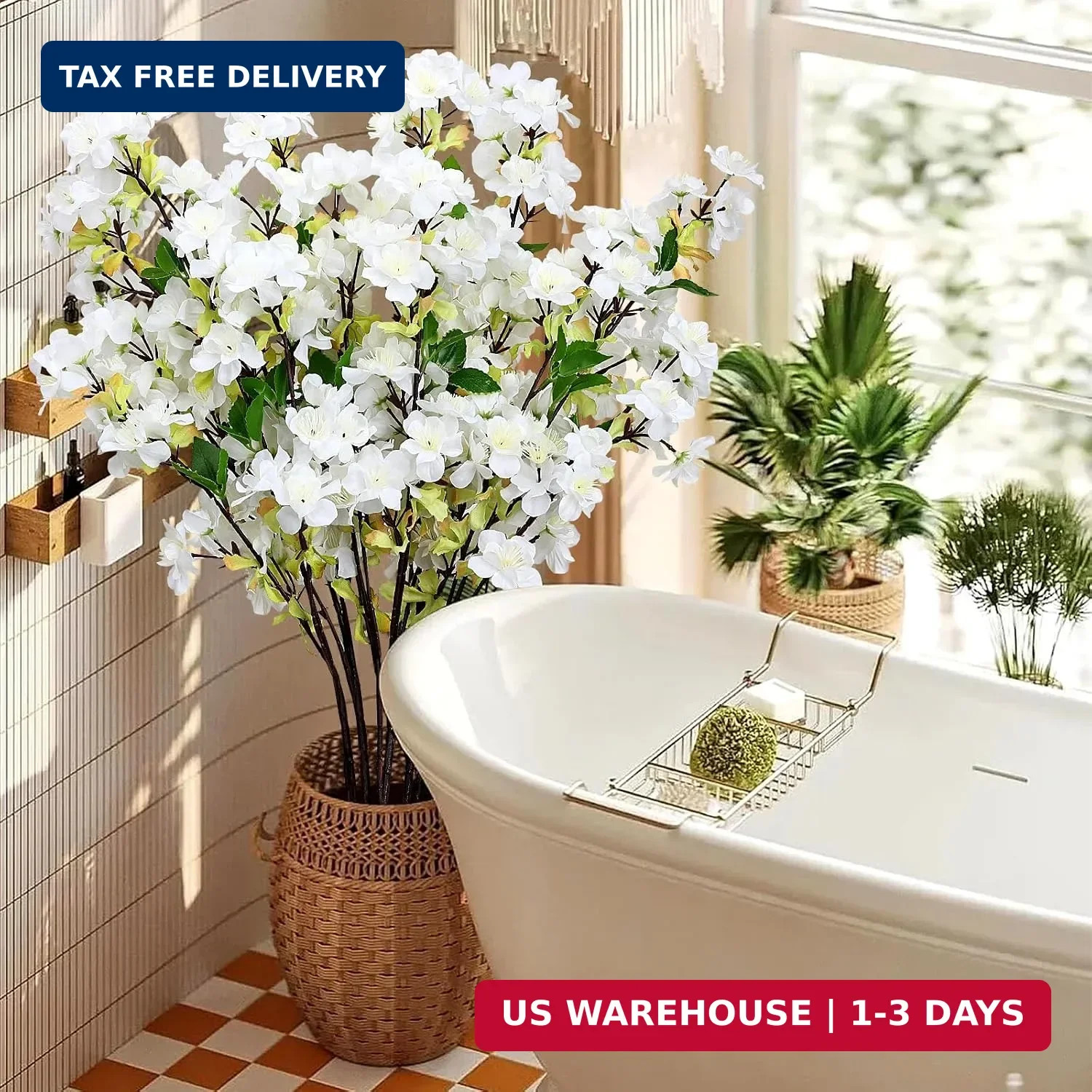6Pcs White 27” Artificial Cherry Blossom Branches for Home Decor | Fake Silk, L