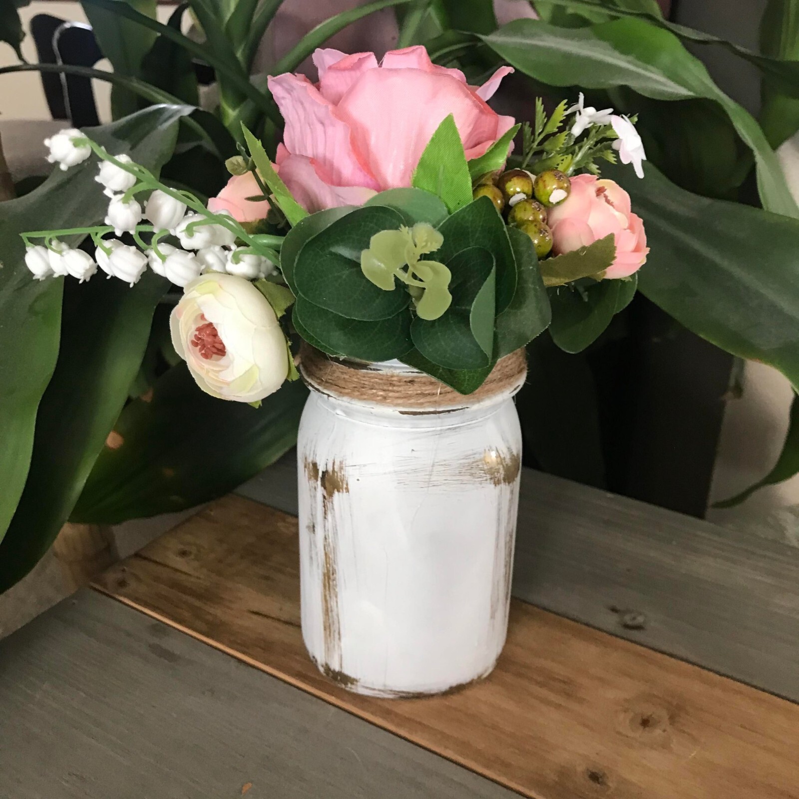 Handmade Pink Floral Arrangement in Distressed White and Metallic Gold Jar