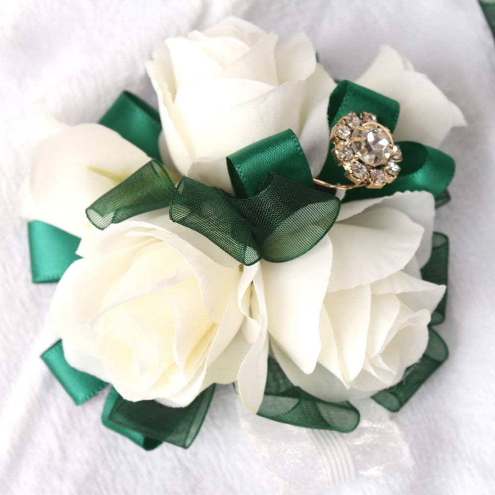 Ivory Rose Wrist Corsage Boutonniere Set Artificial Flower Wedding Prom Green