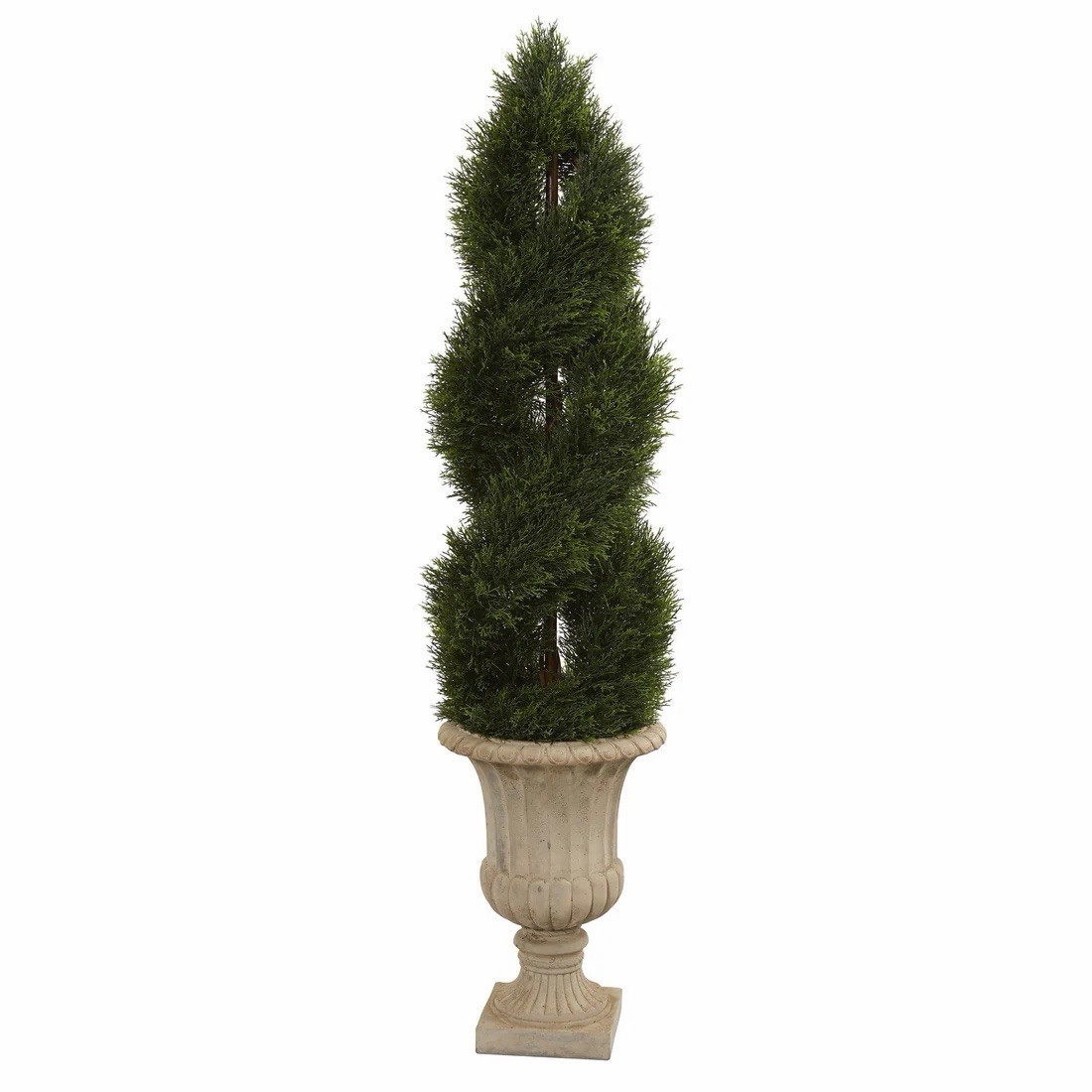 5’ UV Double Pond Cypress Artificial Spiral Topiary Tree in Urn Indoor/Outdoor