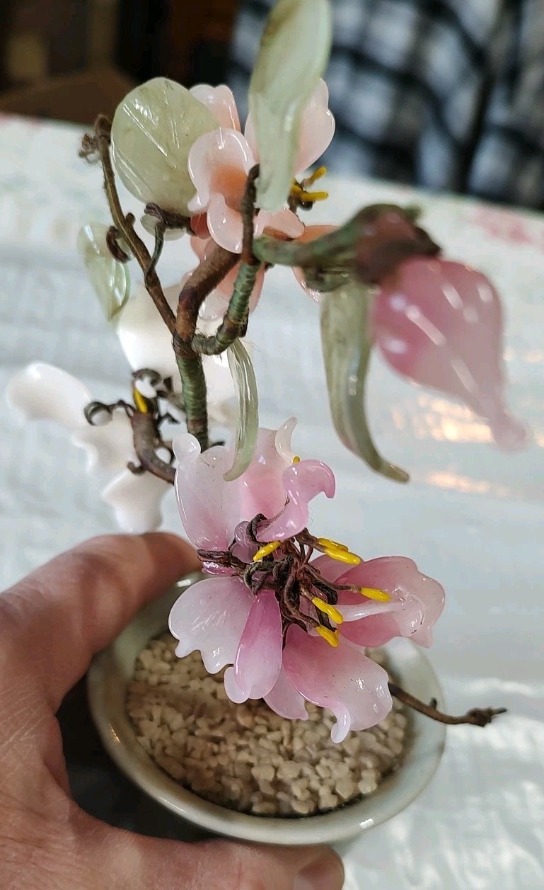 2 Vintage Glass Bonsai Tree Pink Cherry Blossom Artificial Plant Oriental