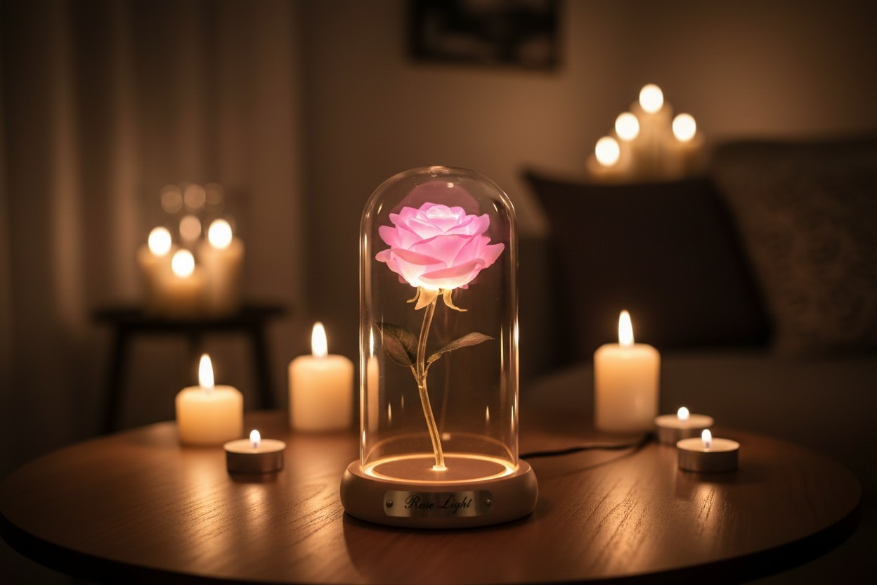 Rose Whisperings, Gorgeous Silk Rose In Lighted Glass Dome NIB Free Shipping