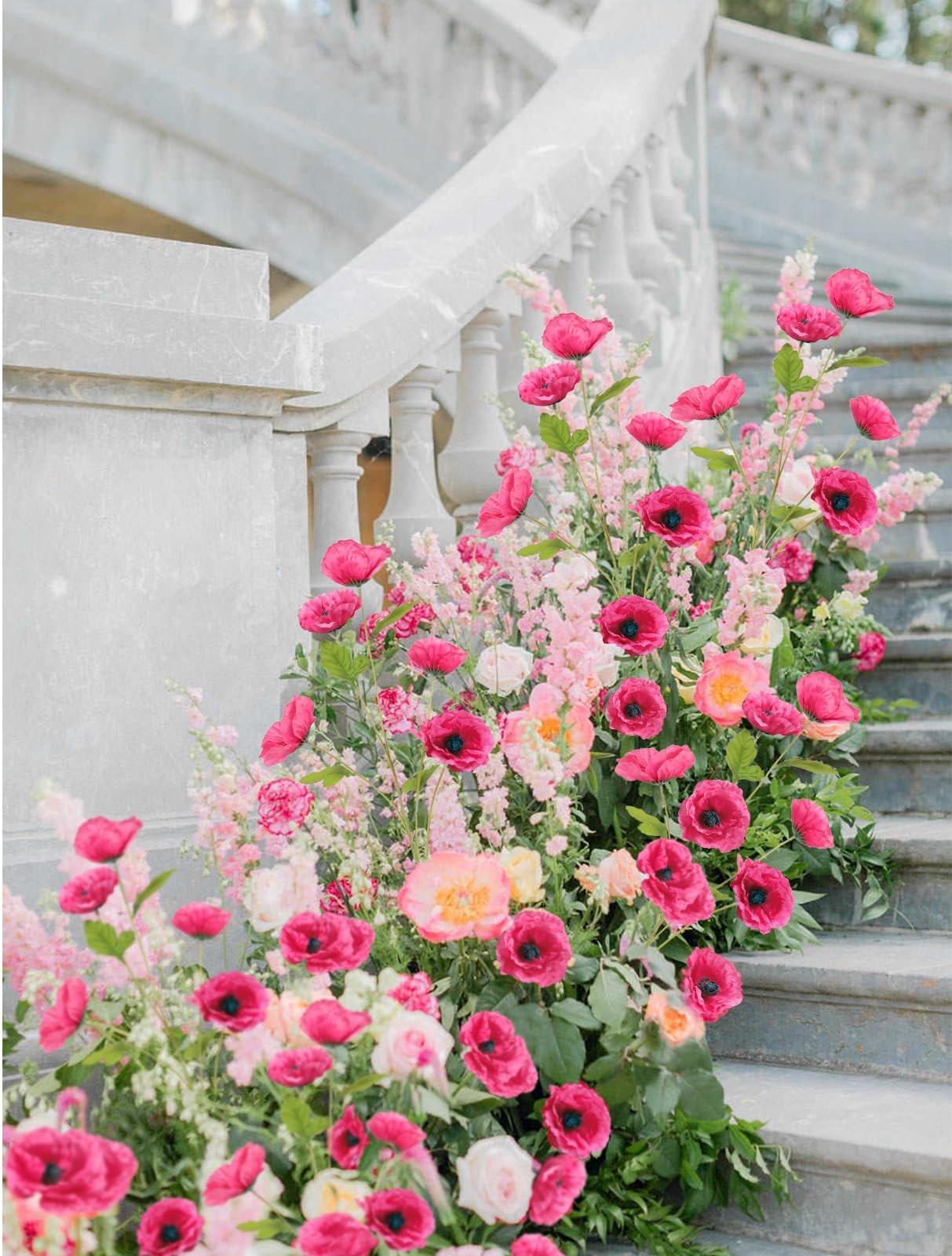 6 PCS Hot Pink Artificial Poppies Silk Flowers 32 Inch Wedding Party Decor
