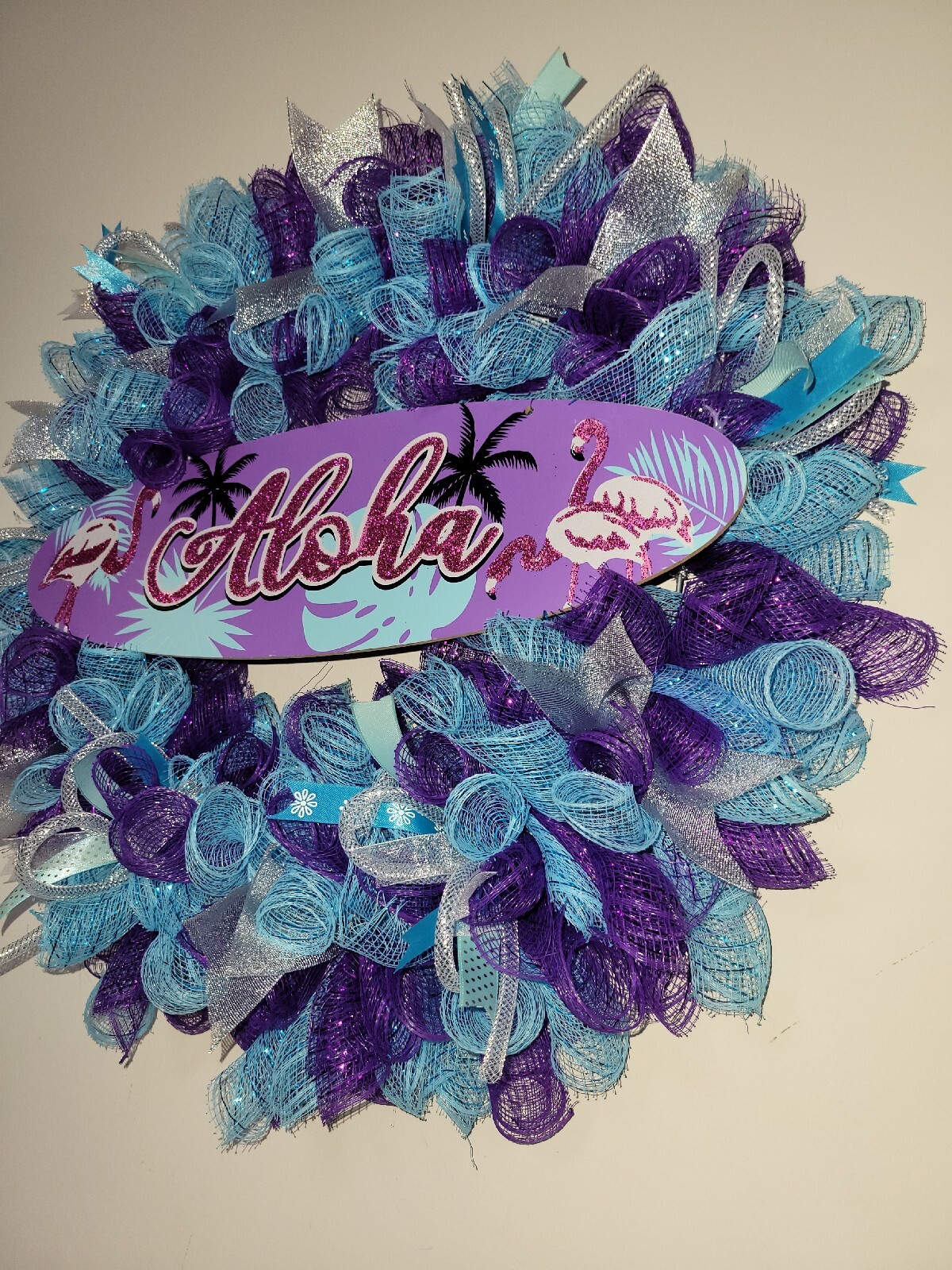 ALOHA Summer Spring Mesh Front Door Wreath Wall Decor BRIGHT Purple Pink Blue