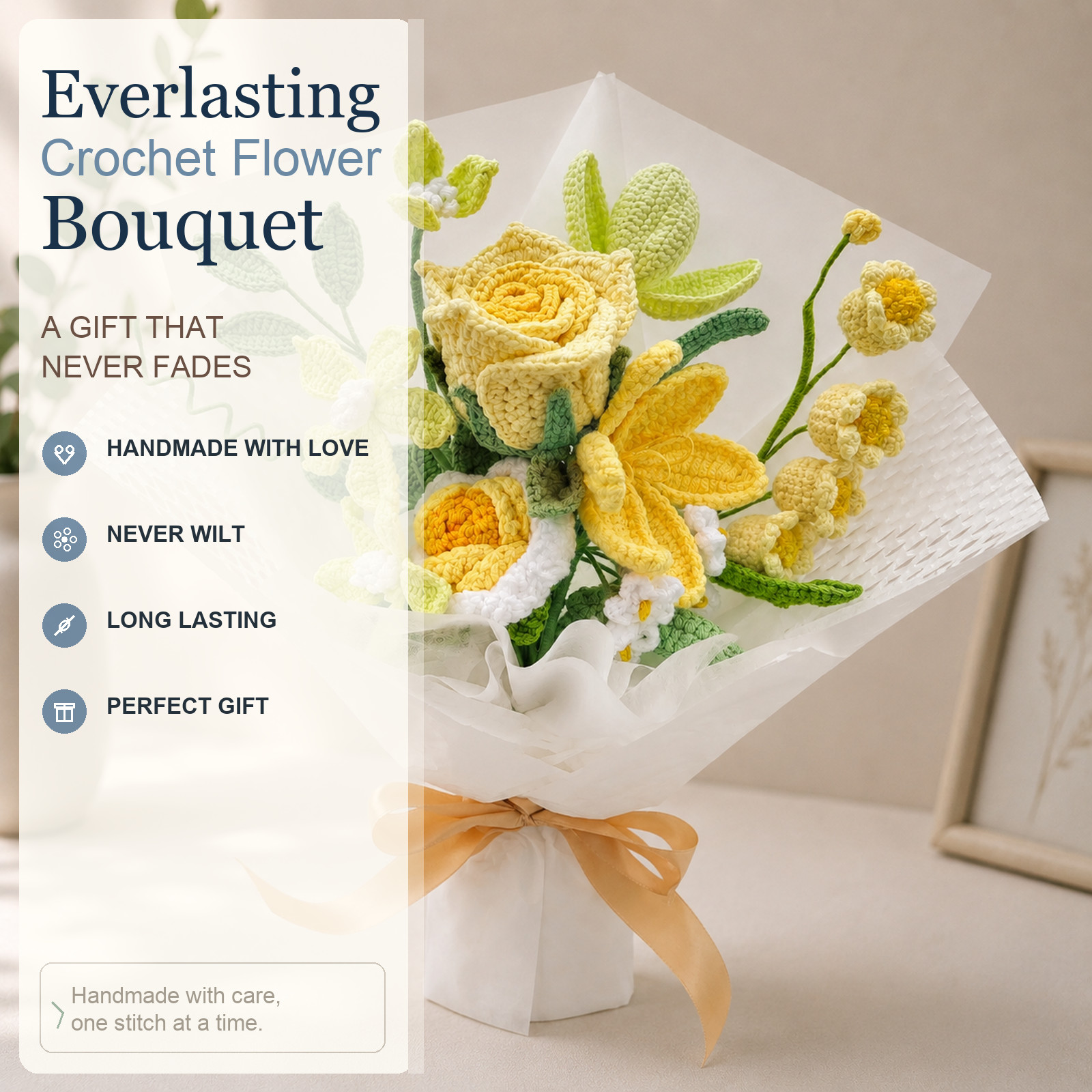 Yellow White Rose Daisy Crochet Bouquet Thank You Get Well Birthday Gift