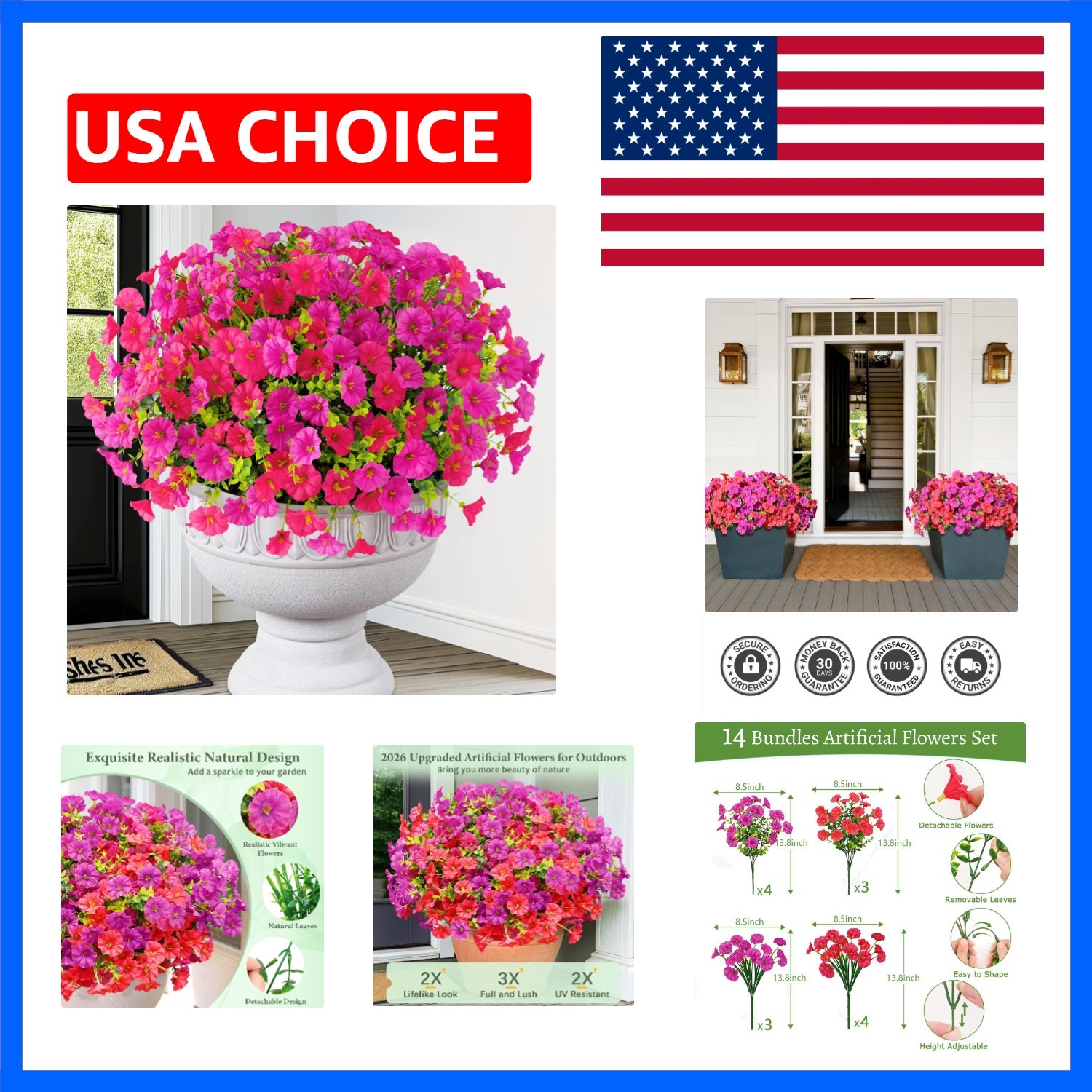 Artificial Flowers for Outdoors, 14 Bundles Fake Outdoor Flowers, UV Resistan…