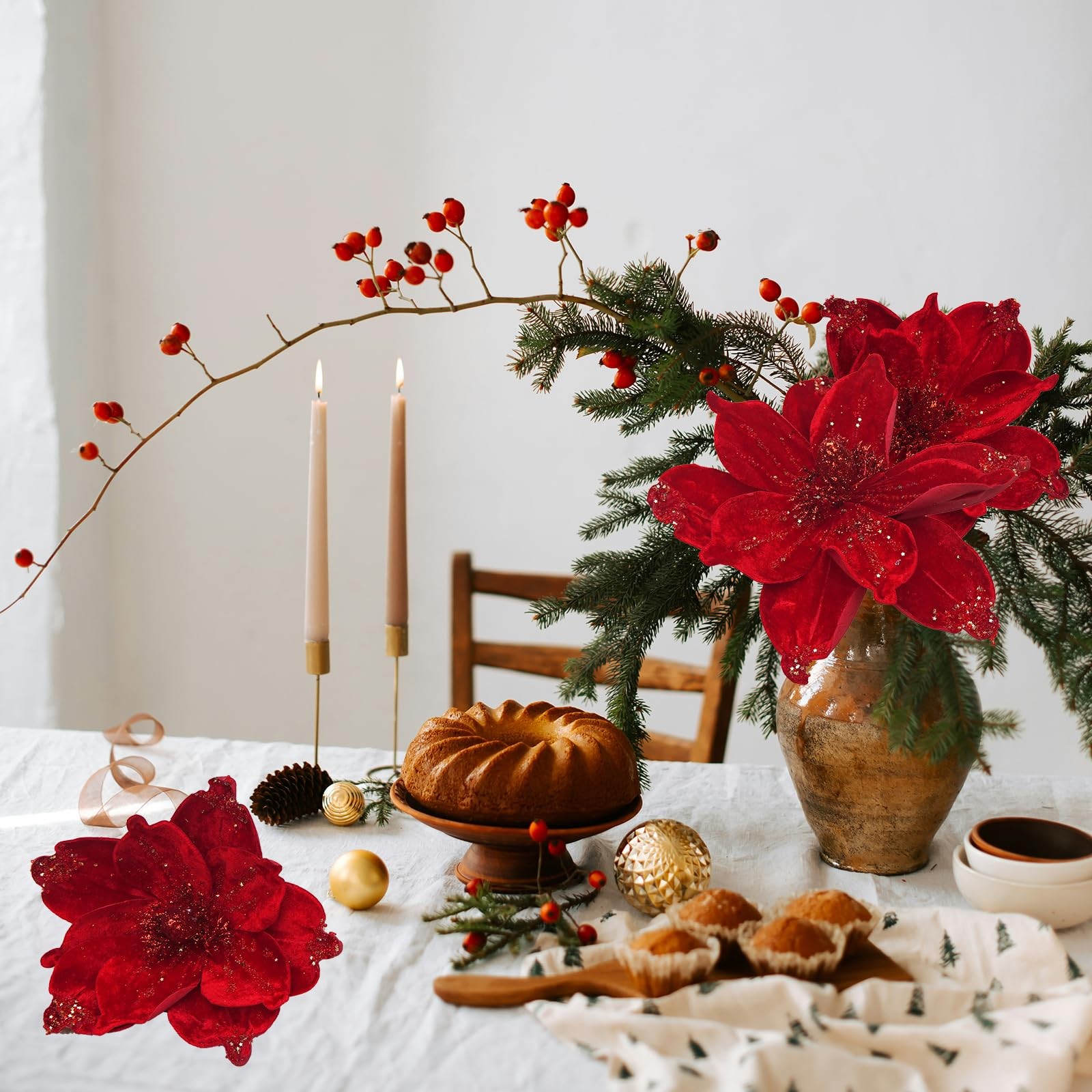 Magnolia Glitter Flowers 6PCS Single Stem Christmas Flowers for Home Table Fe…