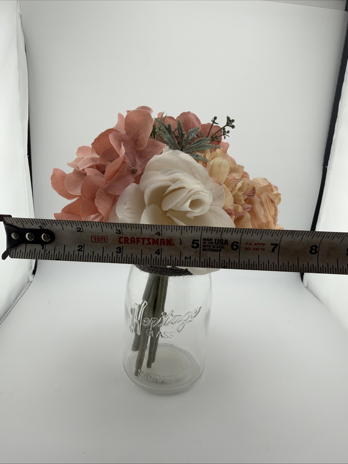 Flower Arrangement Rose, Blush, Peach, Green Mason Jar Artificial 11” Glass