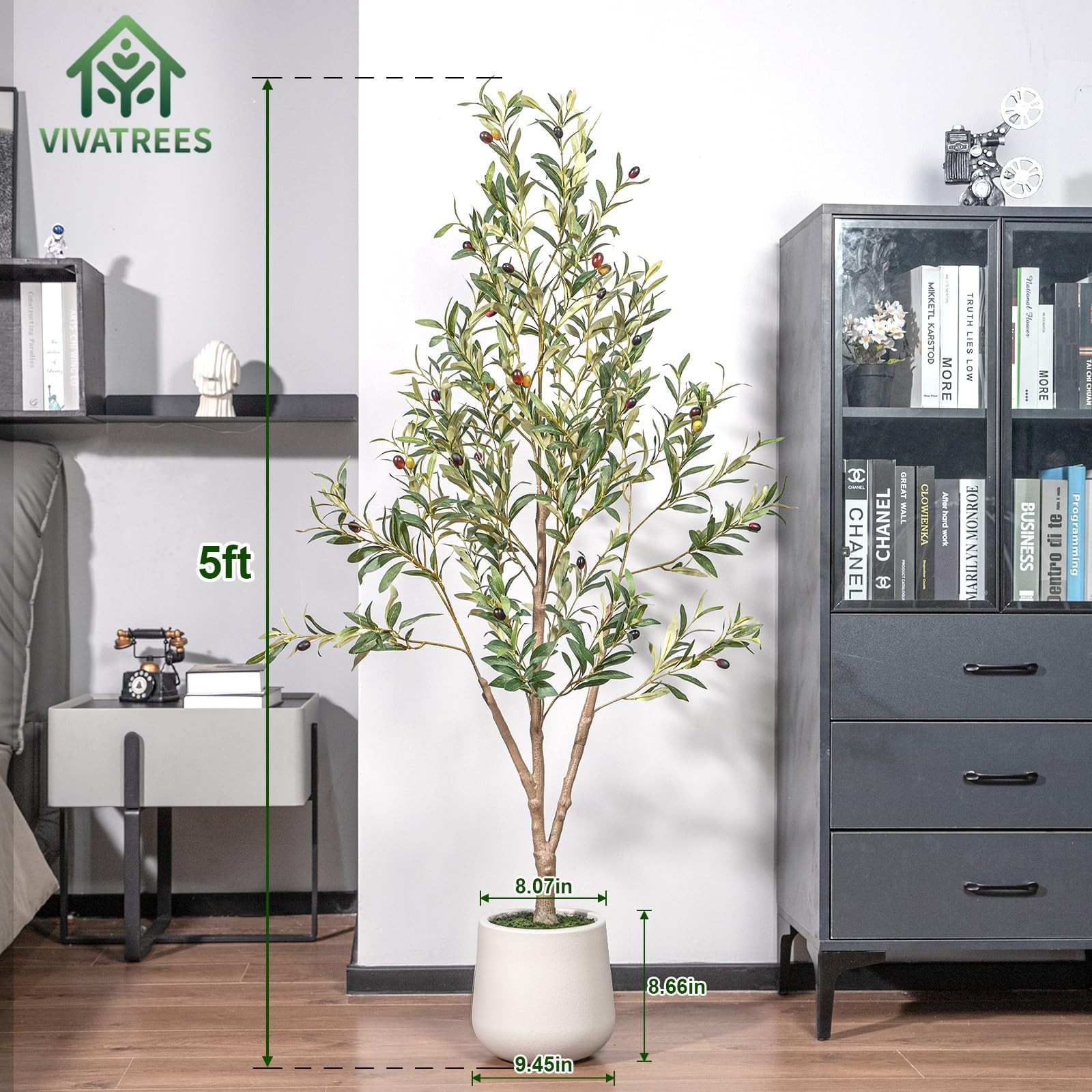 5FT Tall Artificial Olive Tree with White Planter – Faux Indoor Plant, Lifelike