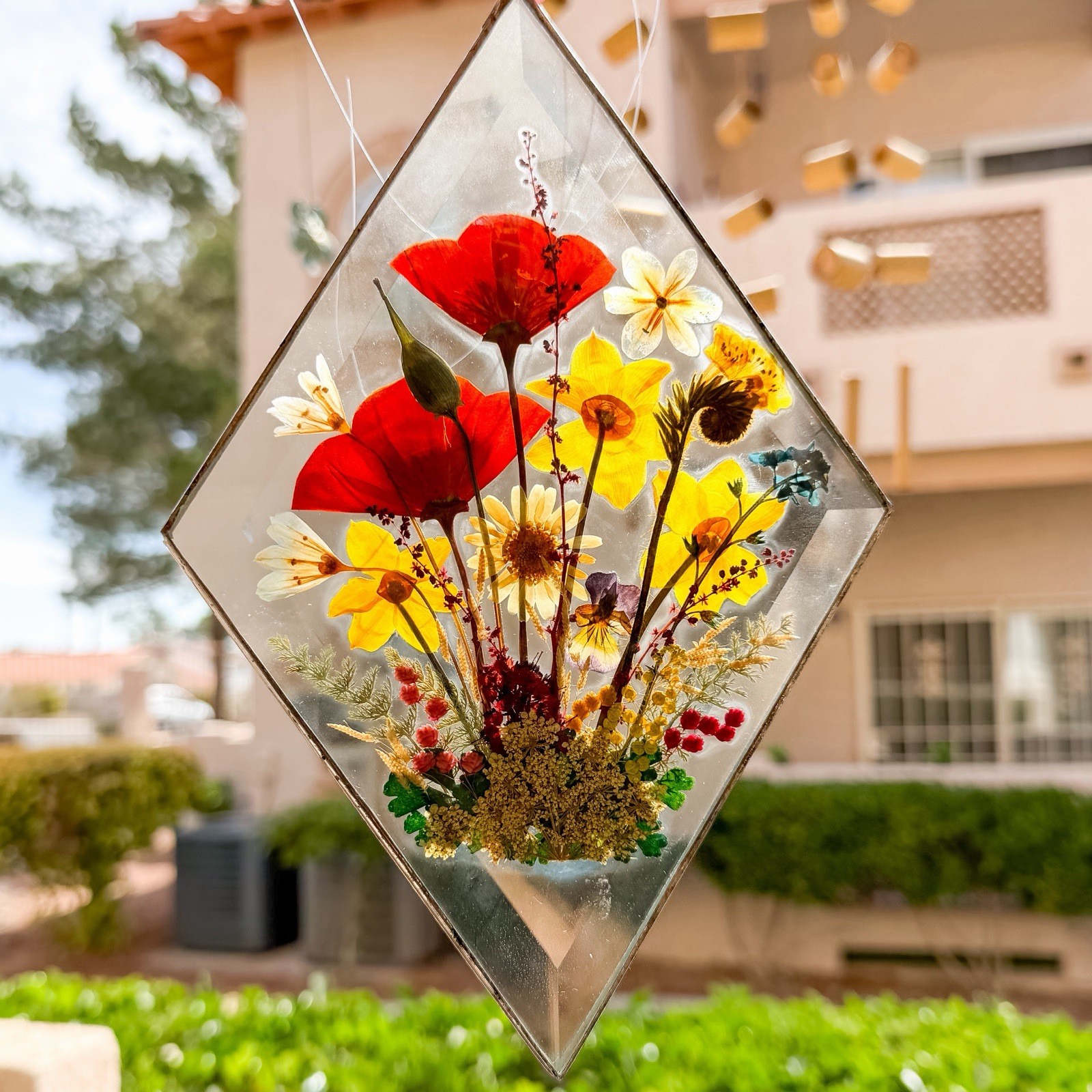 Vintage Pressed Flower Glass Suncatcher Hanging Panel Soldered Metal Frame 6×9