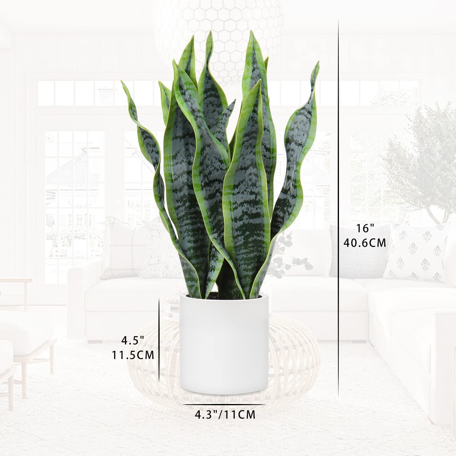 Briful Fake Snake Plant 16″ Faux Potted Plant Artificial Snake Plant with Whi…