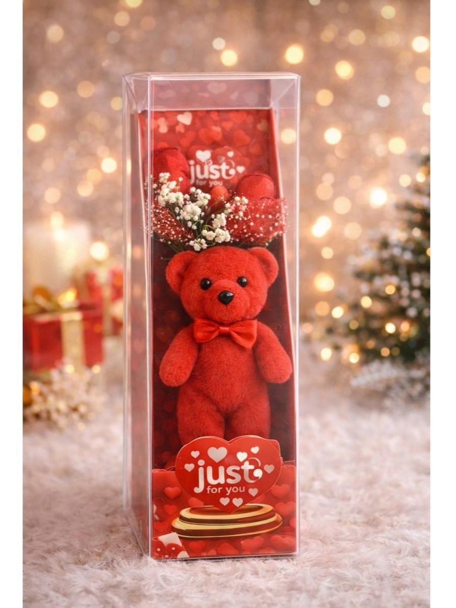 Mini Teddy Bear Gift Box with Plush Bear & Artificial Roses for Valentine’s Day