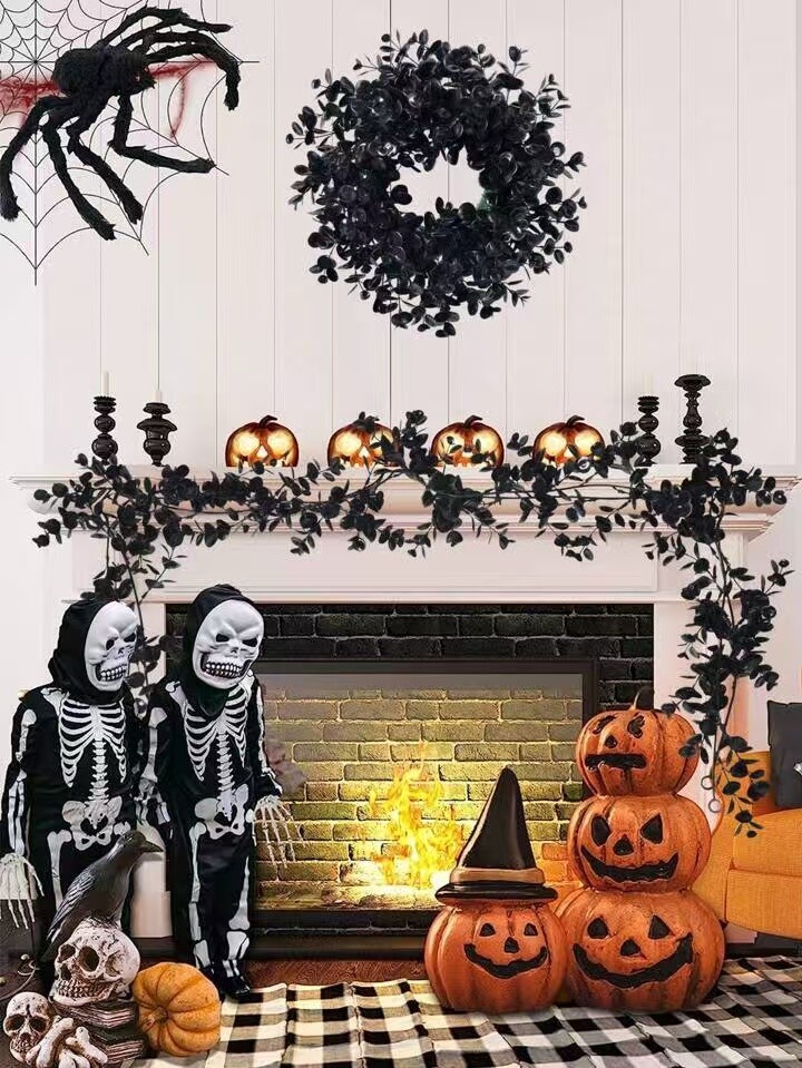 4pcs Black Eucalyptus Wreath Artificial Hanging Plant Vine For Halloween