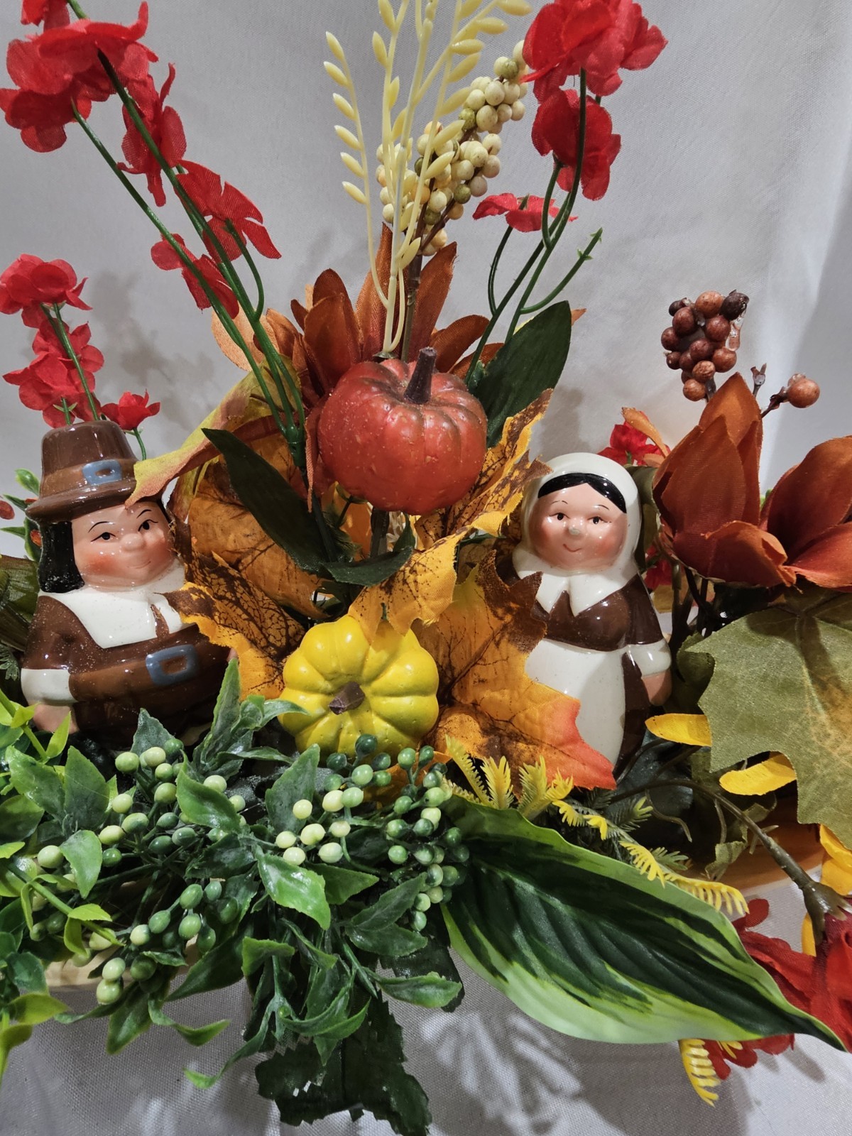 Artificial Flower Arrangement THANKSGIVING Pilgrams, Pumpkins 16″ wide 11″ tall