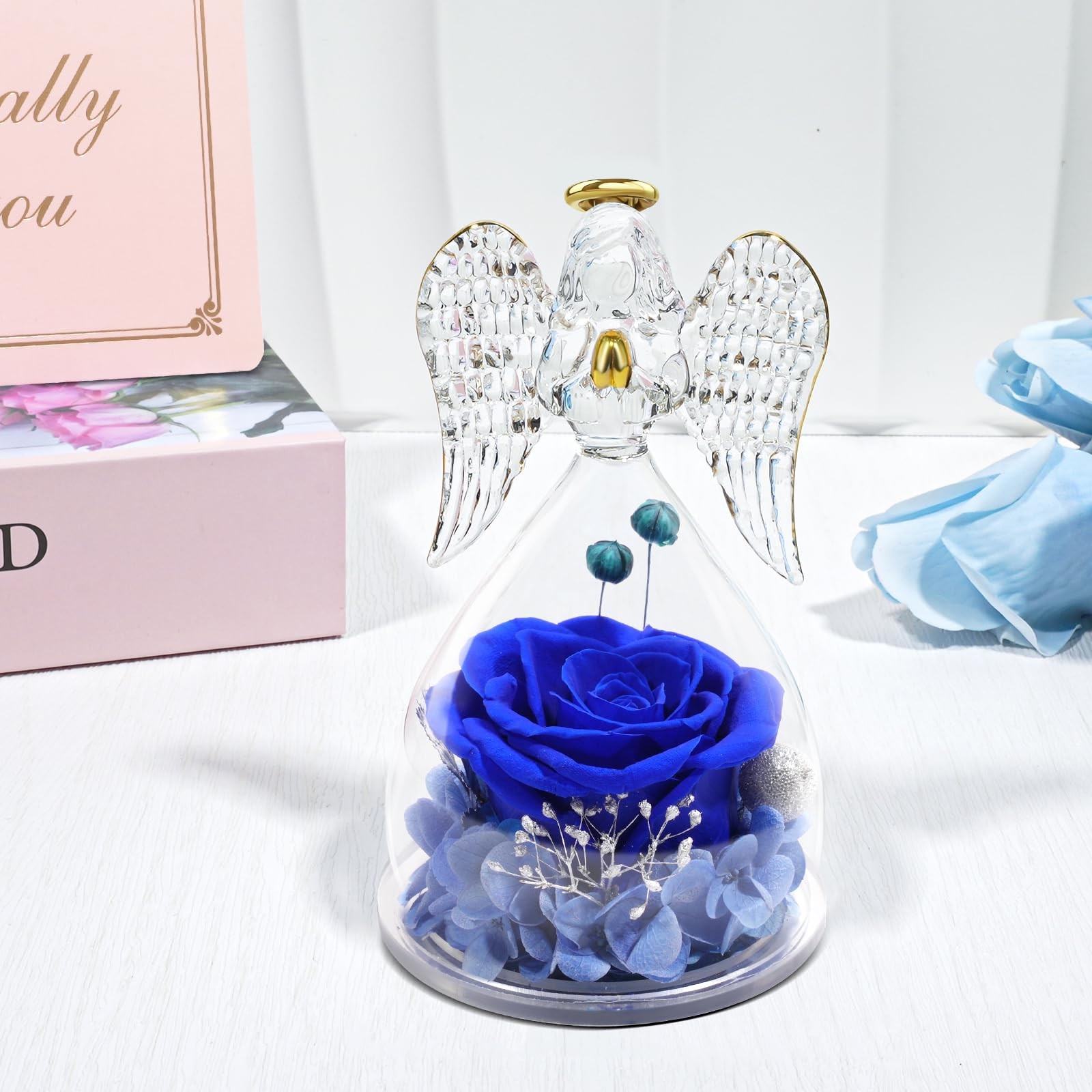 Angel Figurine Gift, Real Preserved Rose, Mom Birthday, Mothers Day, Blue
