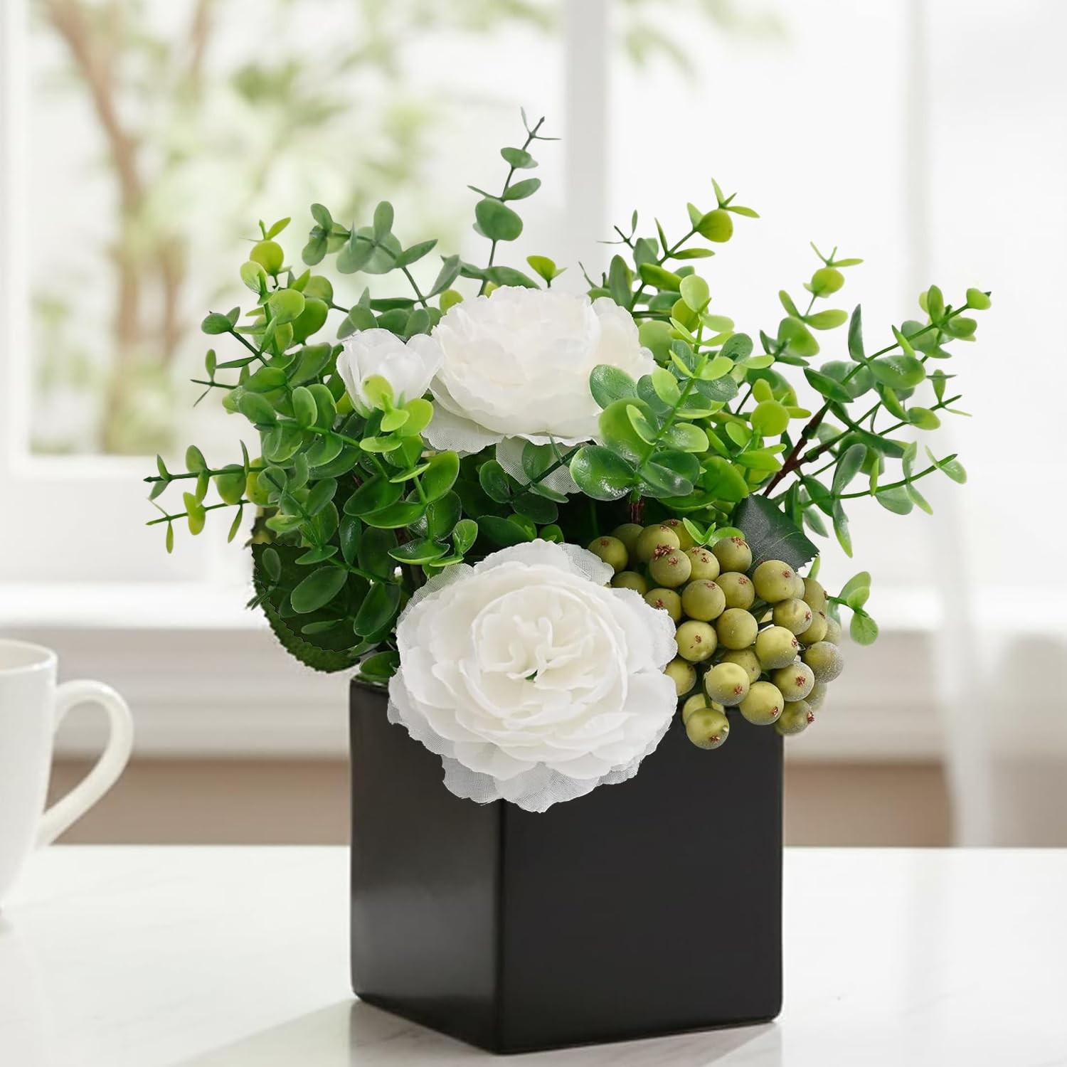 Artificial White Peony Flowers Eucalyptus Berries Black Square Vase Fake Plant