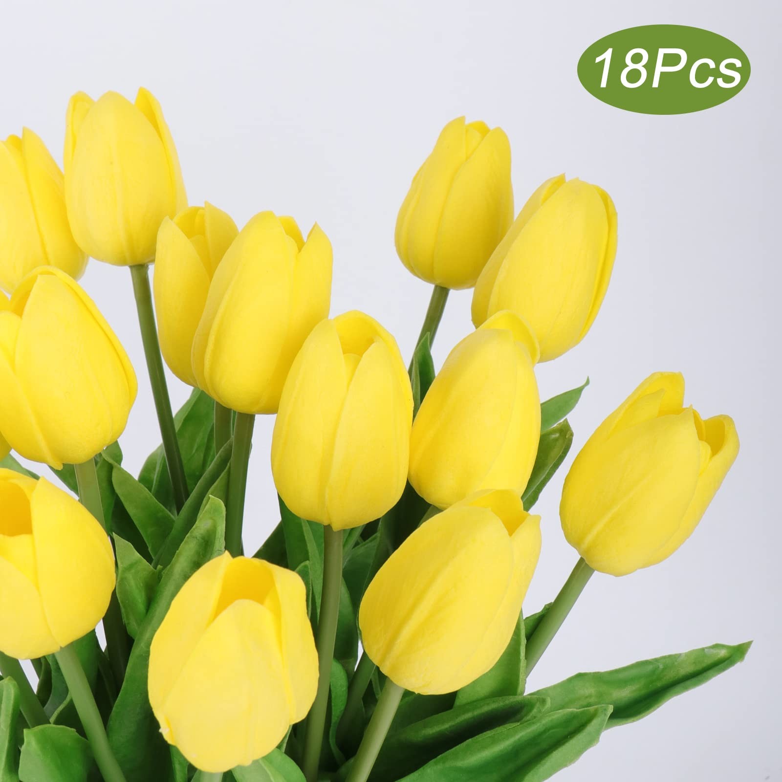 18 PCS Tulips Artificial Flowers Faux Real Touch Bouquets Spring Easter Yellow