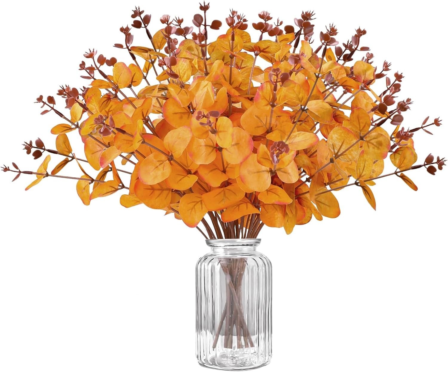 12 Pcs Orange Eucalyptus Stems – Fall Artificial Flowers for Autumn Decoration