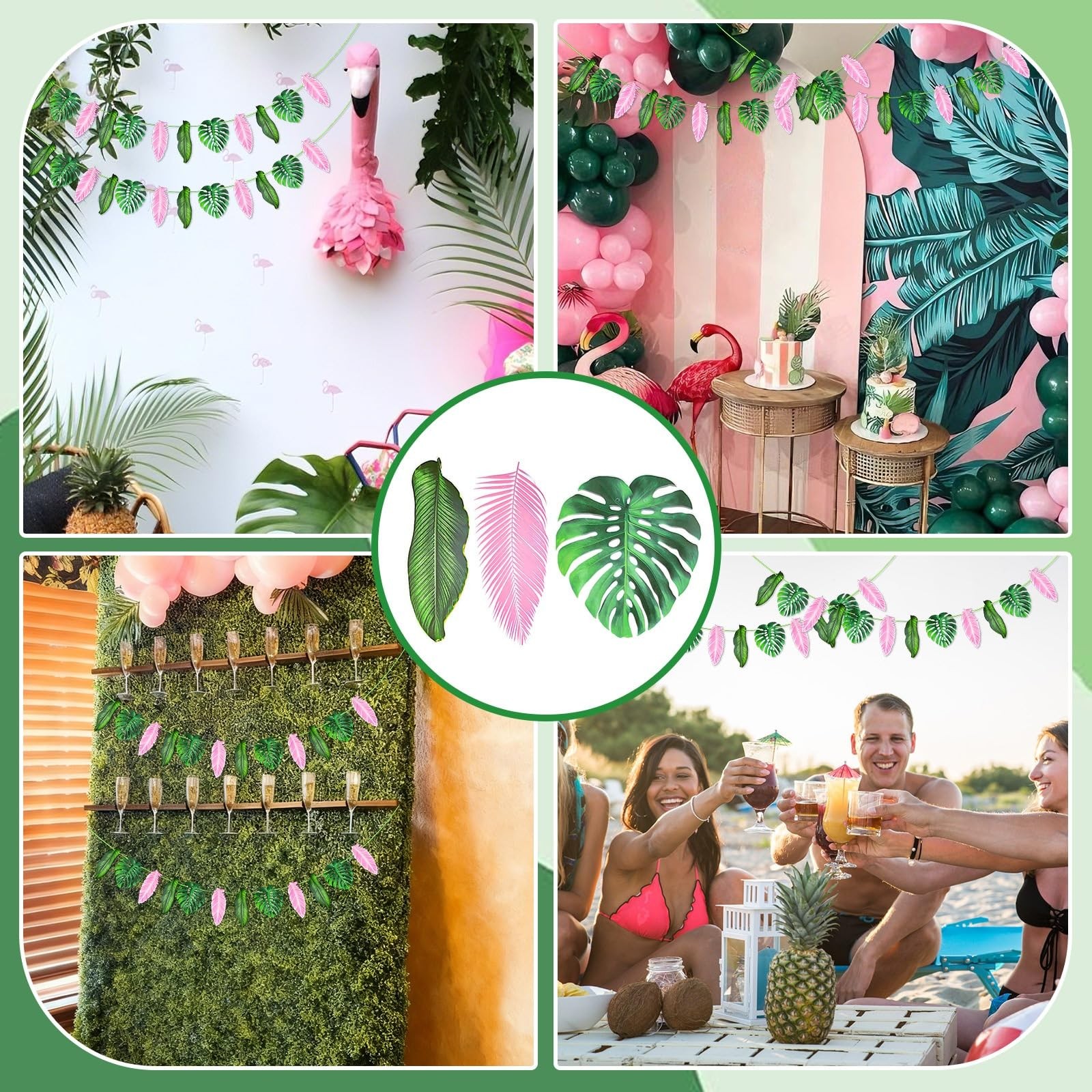 24 Pcs 8.5 ft Artificial Tropical Palm Leaves Garland – Pink Green Monstera L…