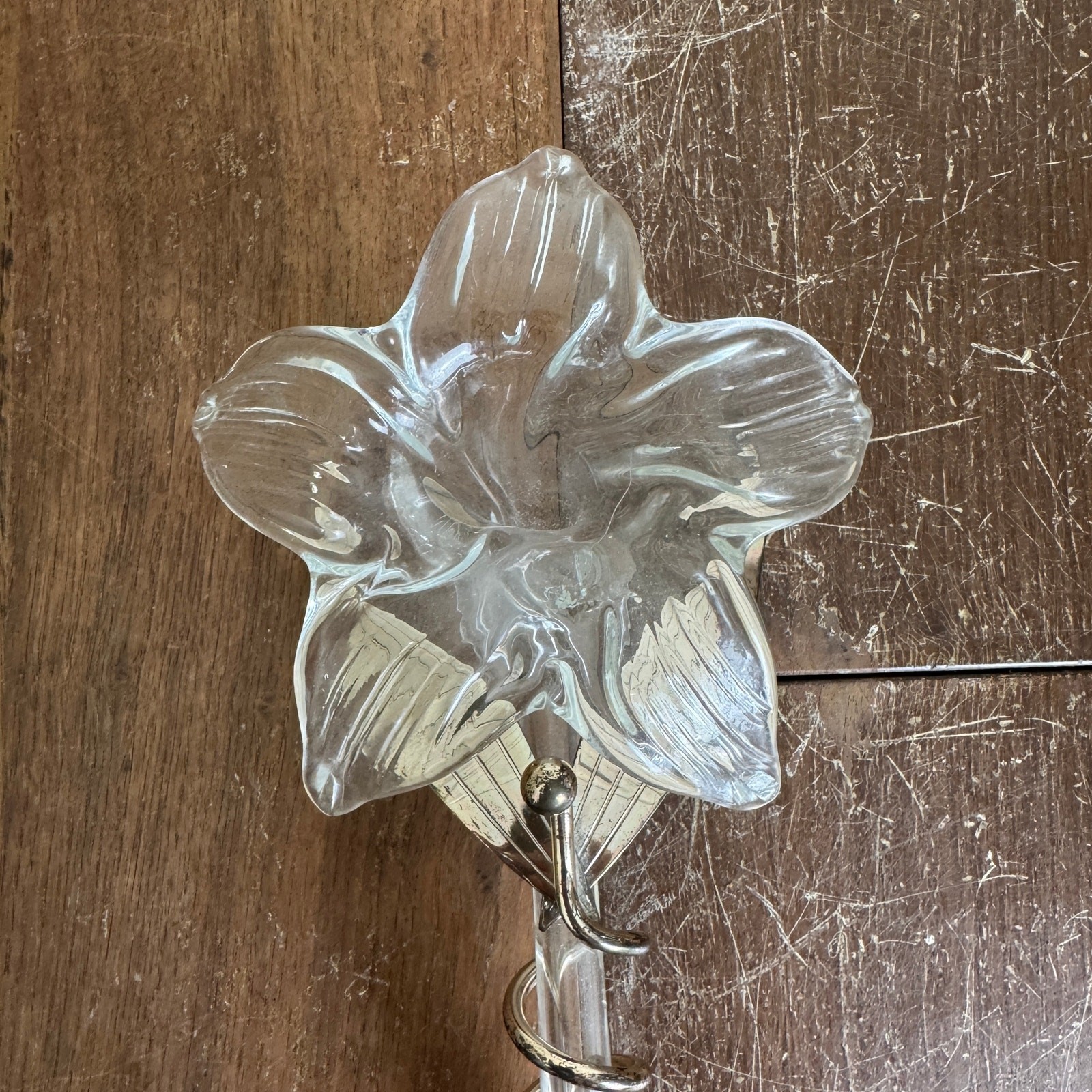 Vintage Silver Tone Metal Wrapped Clear Blown Glass Lilly Flower Art Decor
