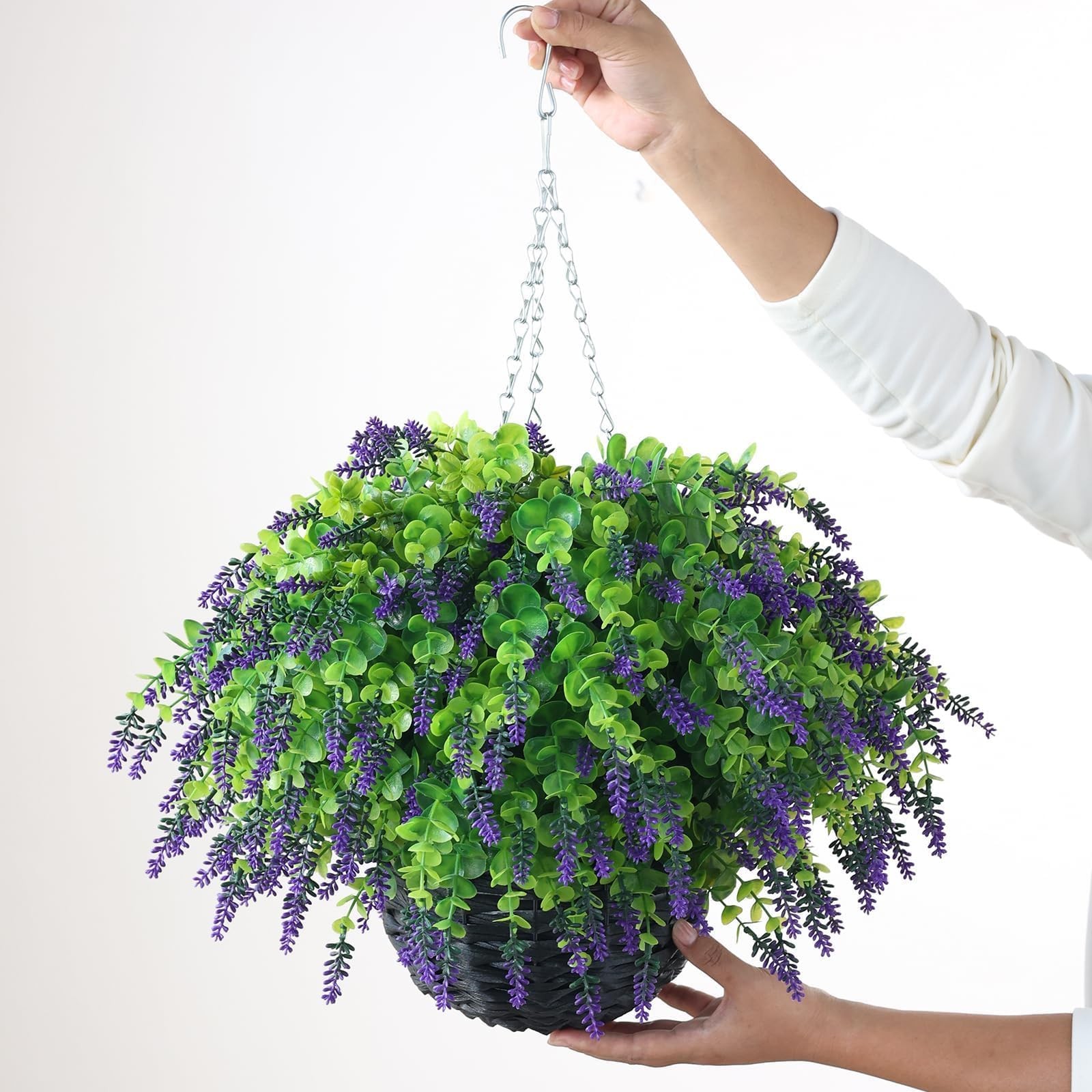 New VIERENA Artificial Lavender and Eucalyptus Leaves Hanging Basket – 2 Set for