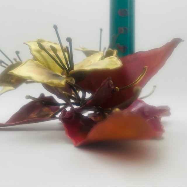 Vintage Gold Red Flowers & Leaves Copper Brass Metal Sculptures – 3 Pcs
