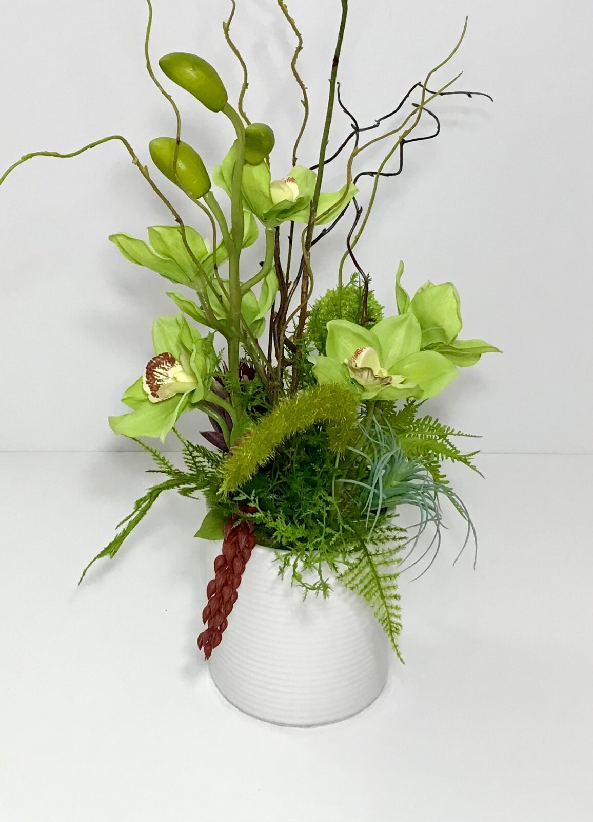ELEGANT PALE MINT GREEN ORCHIDS ARRANGEMENT CERAMIC VASE CENTERPIECE GIFT NEW
