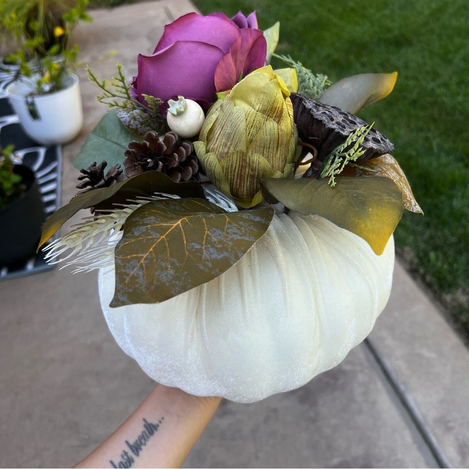 White Velvet Fabric Pumpkin With Faux Floral Arrangement Table Decor Handmade