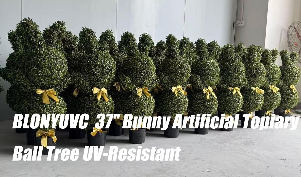 36” Artificial Bunny-Shaped Topiary Double Ball Tree Pot UV-Resistant Bowknot