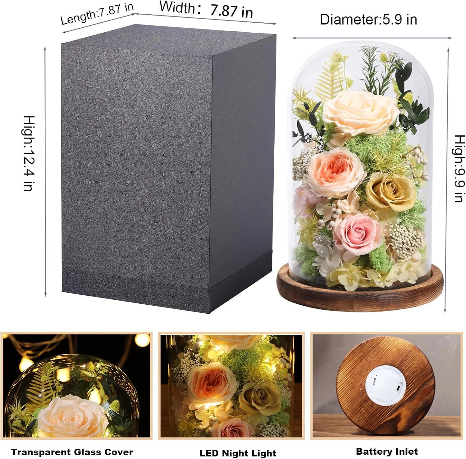 lovenfold Flowers for Delivery Preserved Flowers Rose in Glass Dome,Champagne Ro