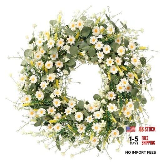 Daisy Wreath 24 Inch with Fake Silk Floral Green Eucalyptus Leaves and White