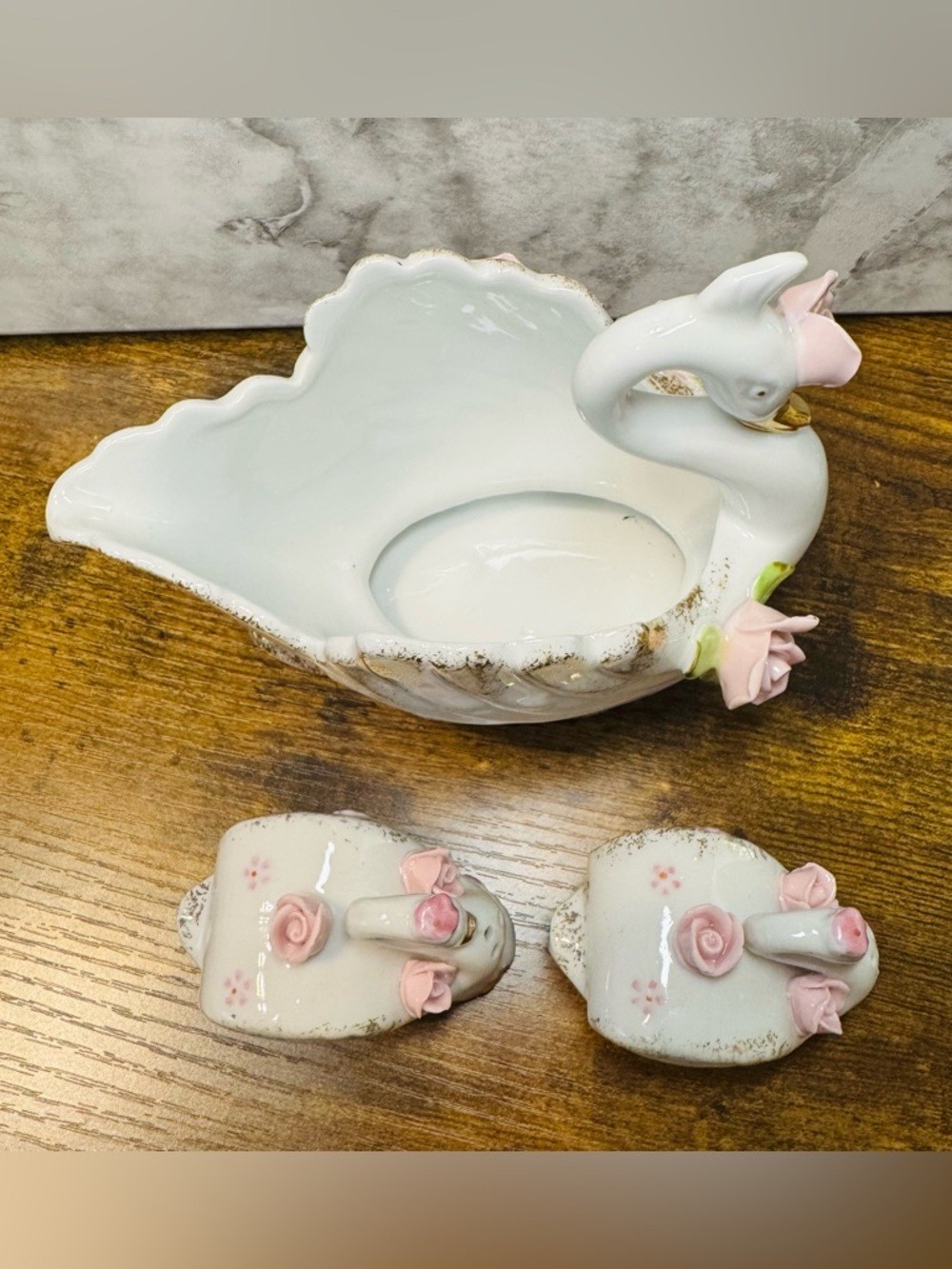 Vintage Napco Porcelain Swan Planter Vase w/ Japan Salt & Pepper Shakers