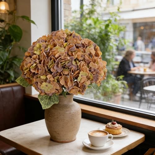 2 Bouquets Faux Hydrangea Flowers Vintage Artificial Silk Hydrangeas Coffee