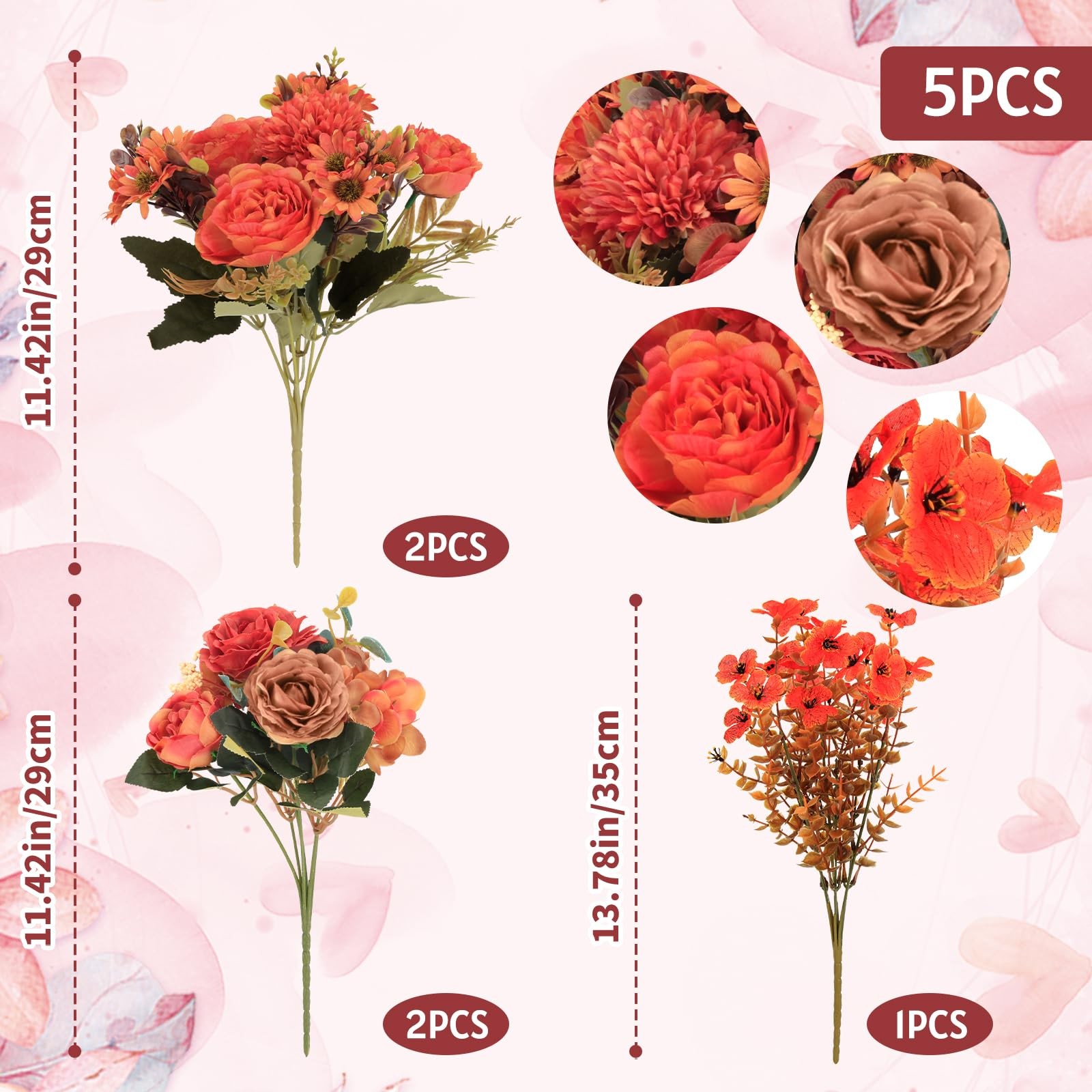 5 PCS Burnt Orange Artificial Silk Rose Pompom Daisy Fall Floral Centerpiece