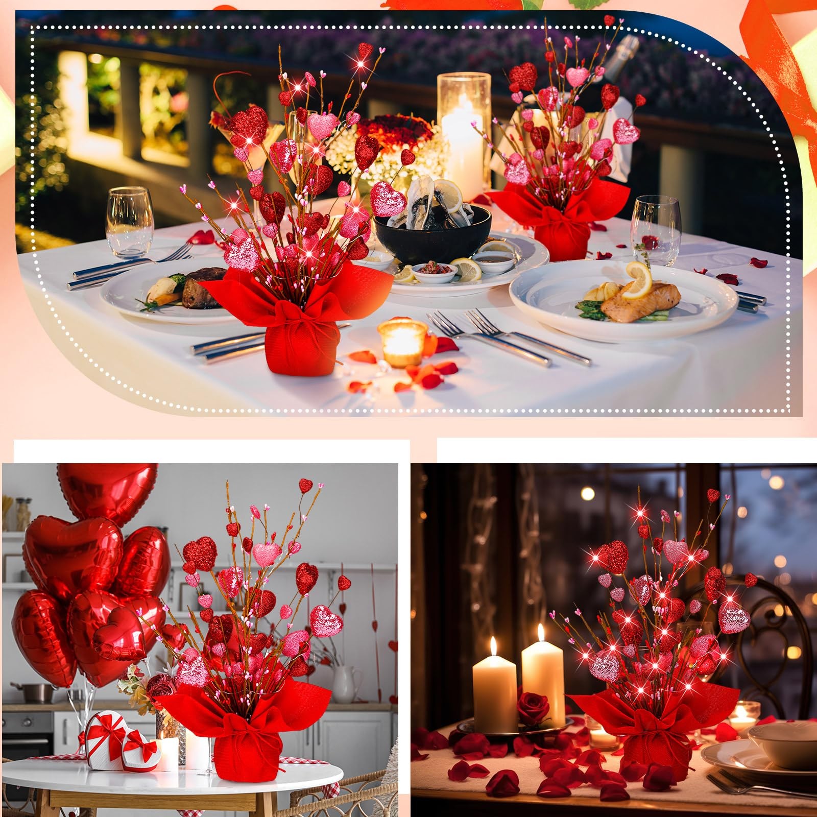 2 Pack Valentines Heart Table Tree Decorations 18 Inch LED Light up Artificia…