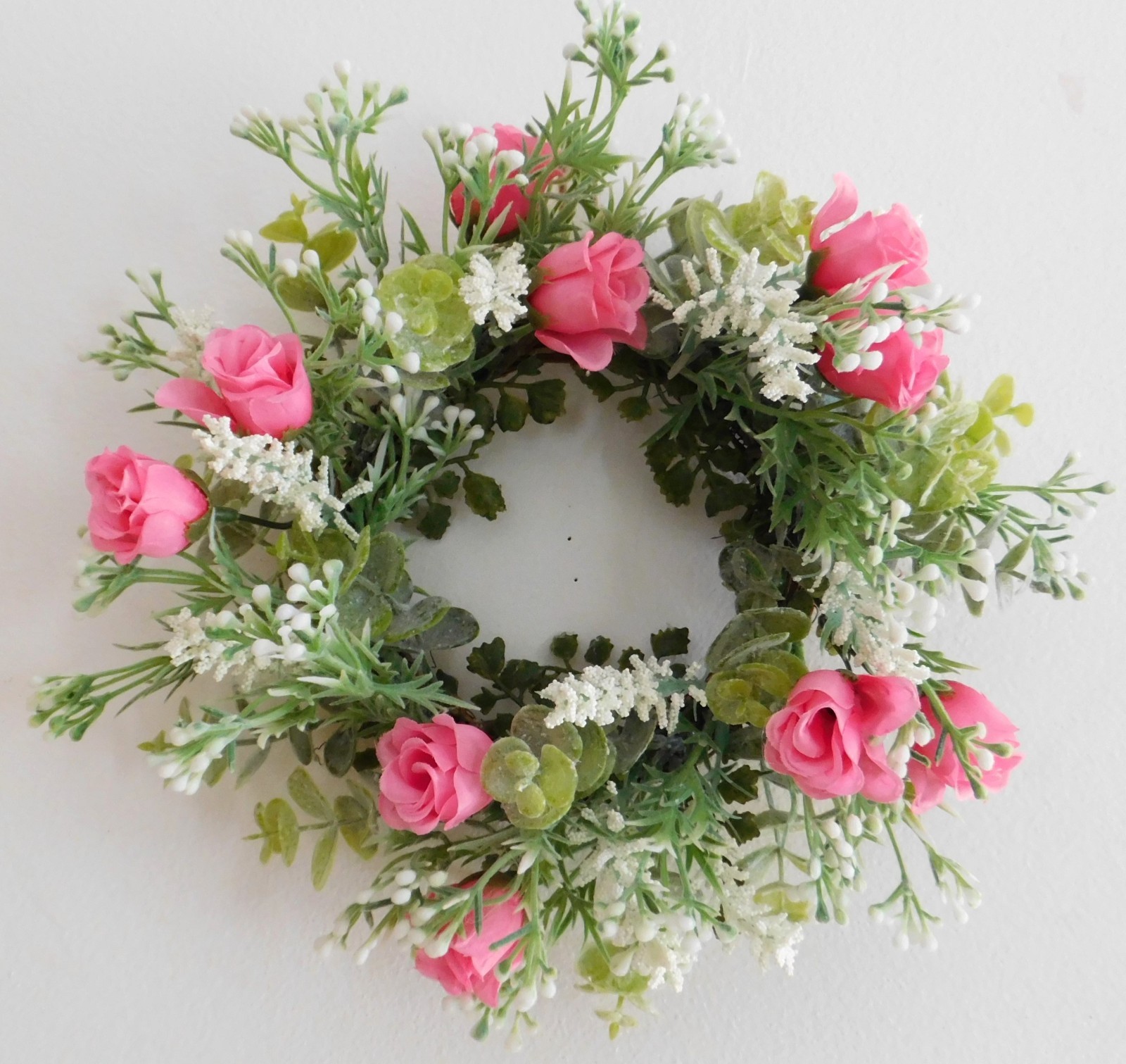 Dusty Miller Mini Wreath Eucalyptus Pink Roses Candle Ring