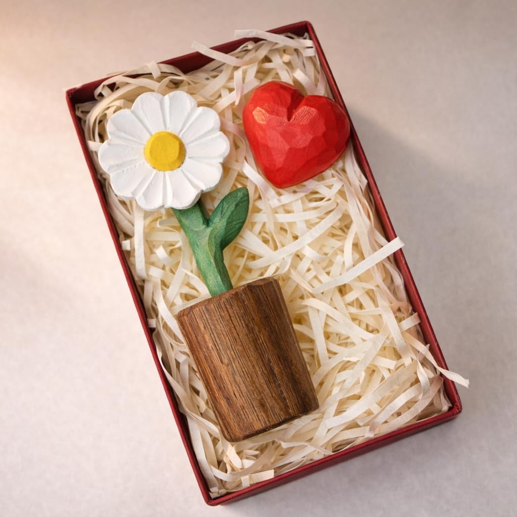 Hand-Carved Wooden Flower with Red Heart – Handcrafted Everlasting Wood Sculp…