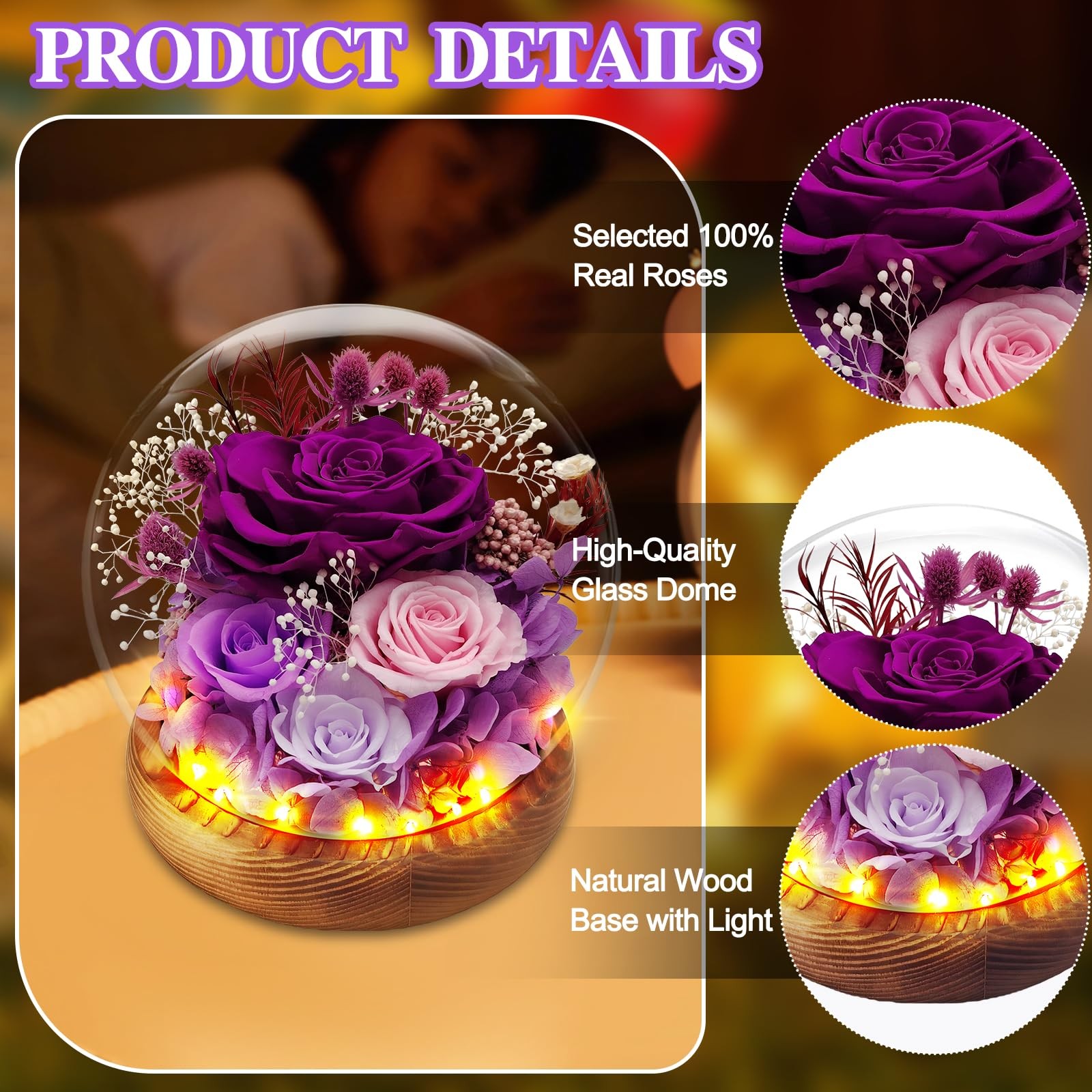 Eascor Preserved Rose Forever Flowers in Glass Dome Gifts for Women,