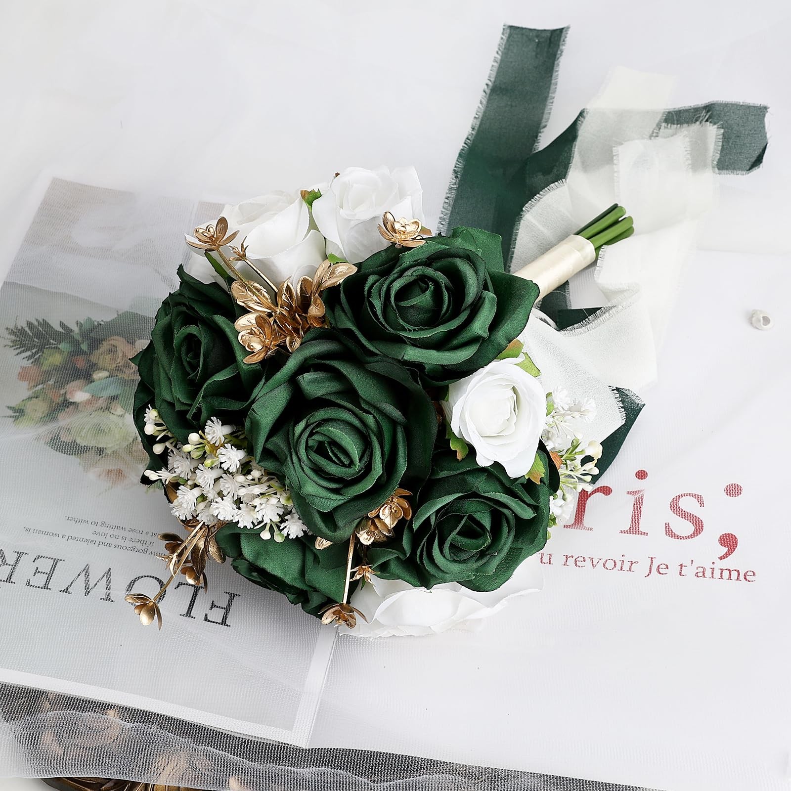 Emerald Green Gold White Artificial Rose Wedding Bouquet Bridal Shower